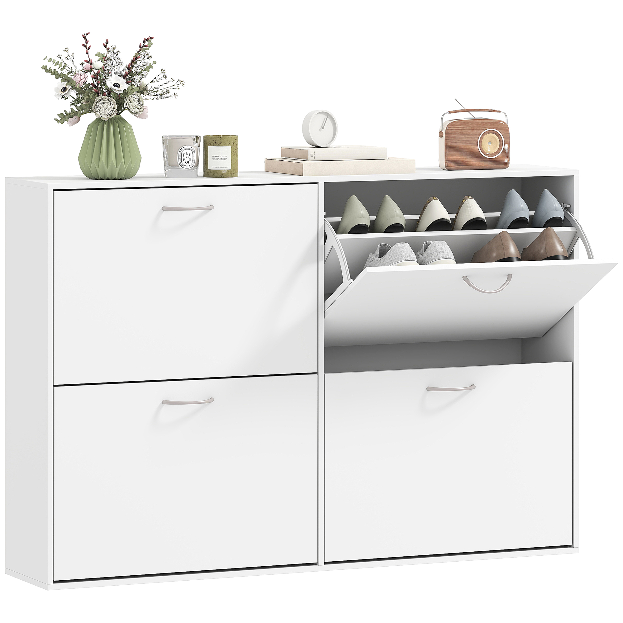 HOMCOM Zapatero Estrecho 4 Puertas, Zapatero Entrada Recibidor con Estantes Ajustables, para 16-24 Pares de Zapatos, para Pasillo, Espacios Reducidos, 120x24x81 cm, Blanco
