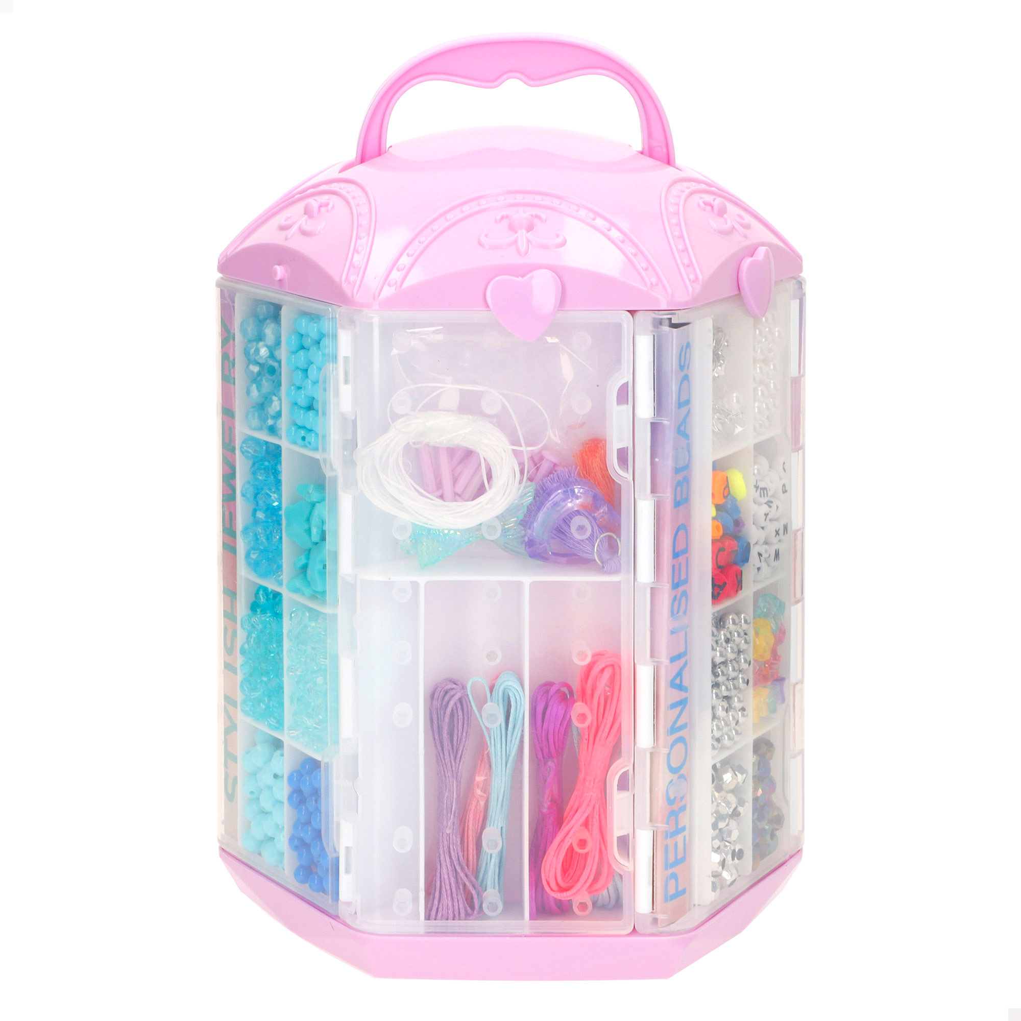 Beauty love - joyería creativa maletín infantil con cuentas, hilos y accesorios, kit completo para hacer pulseras, collares y anillos personalizados, organizador con compartimentos, manualidades para niñas a partir de 5 años