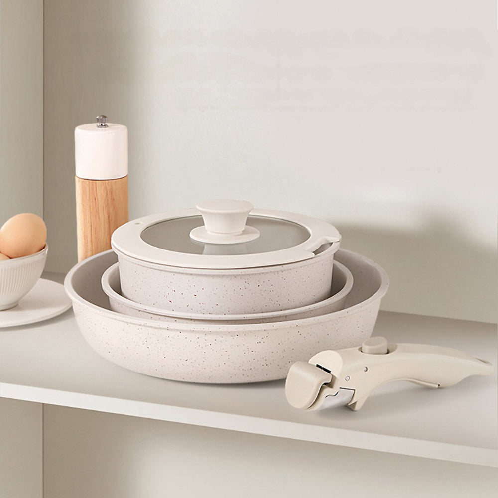 Almalux® Set Ollas y Sartenes Antiadherentes Granito con Mango Desmontable, Apilables, Inducción, Libre PFOA
