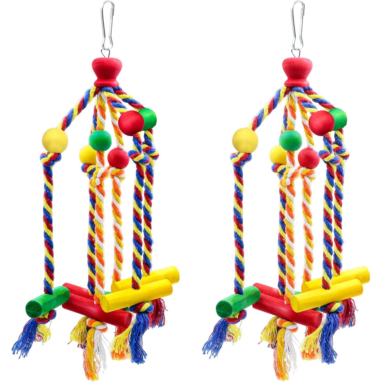 Dos juguetes colgantes de cuerda para pájaros, adecuados para loros pequeños, fabricados en madera natural en varios colores
