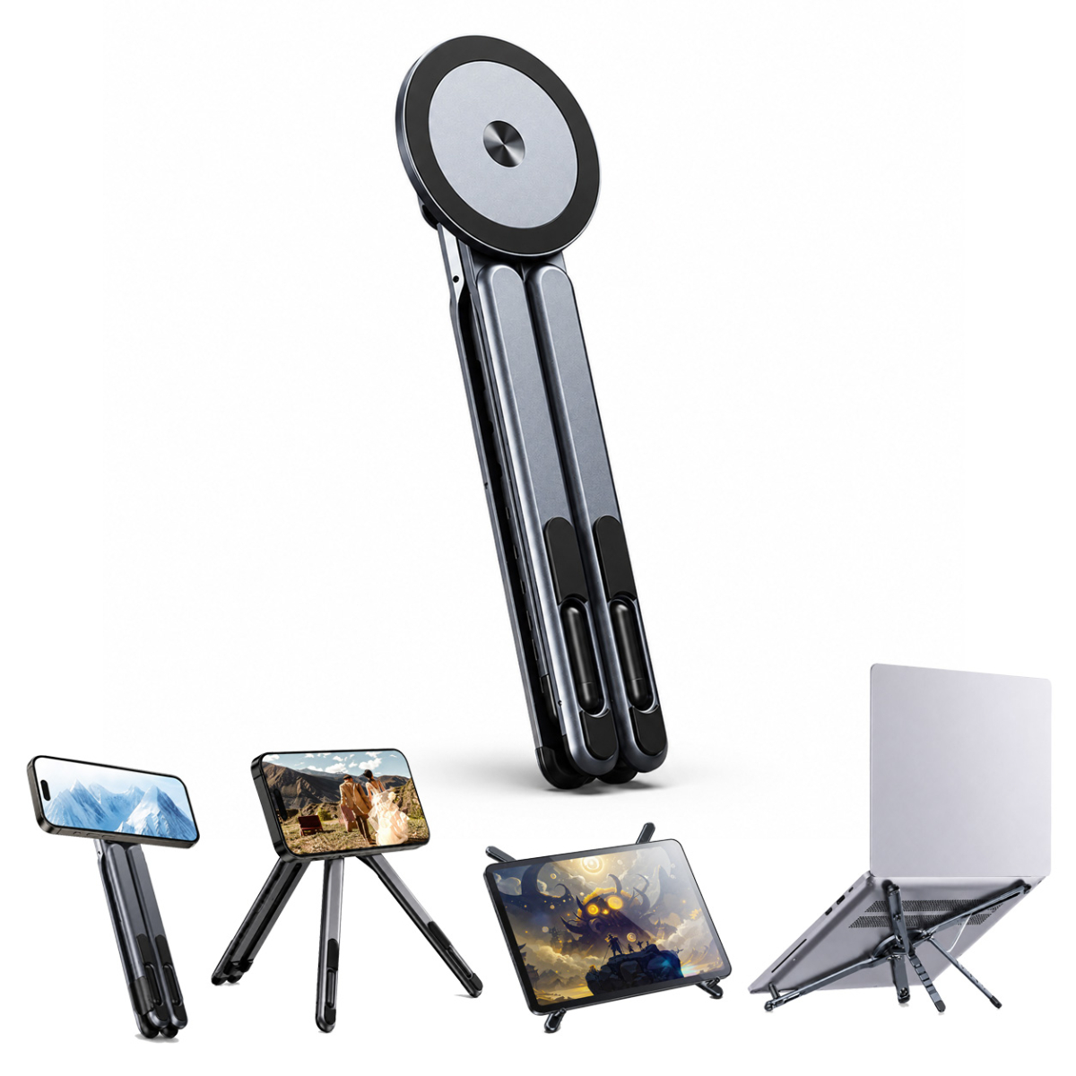 Soporte magnético 4 en 1 para portátil tablet y móvil de aleación de aluminio plegable ergonómico con 8 niveles de ajuste gris titanio