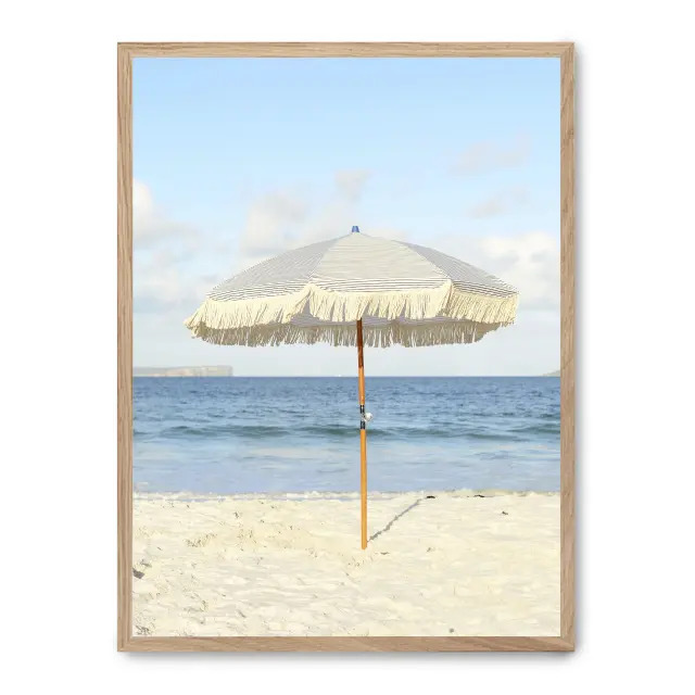 Cuadro beach umbrella iii 30x40cm, Póster impreso en papel de primera calidad de 180gr, montado sobre marco de madera MDF acabado roble., Naturaleza - Playa