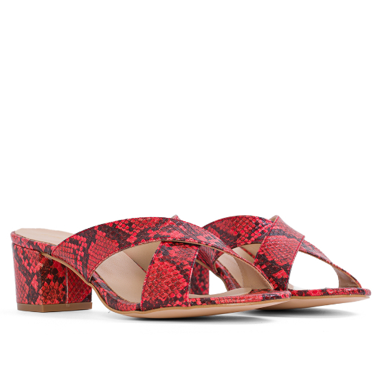 Sandalias de Tacón Bajo Niza en Piel Serpiente Rojo - Elegancia y Confort para Mujer - Altura de Tacón de 45 mm que Proporciona Sofisticación sin Sacrificio de Comodidad - Diseño Atemporal y Suela Sua