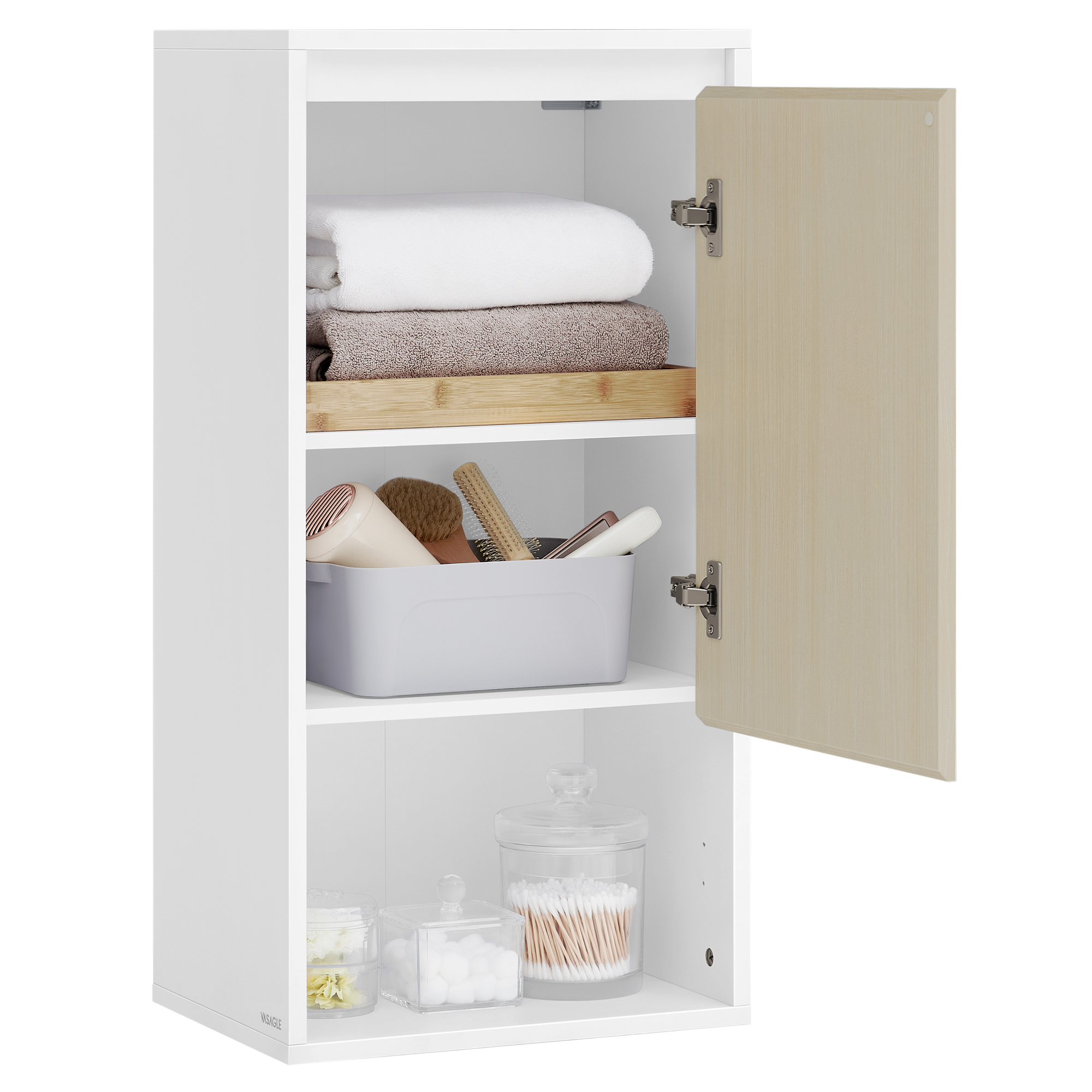VASAGLE Armario de Baño, Armario de Pared de Baño, Puerta con Dirección de Apertura Ajustable, Estante Ajustable, 30 x 40 x 80 cm, Blanco Nube y Beige Natural