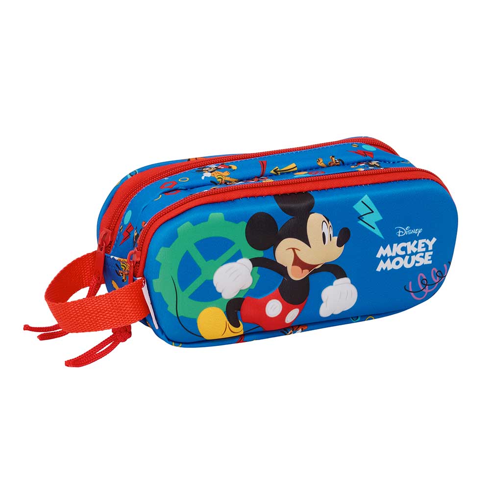 SAFTA | Estuche Portatodo Doble 3D Mickey Mouse para Niños y Niñas 21 x 8 x 6 Cm (1 Litros), Portatodo Escolar Infantil con 3 Compartimentos Separados con Cremallera, Bolsillo Interior Central con Cremallera