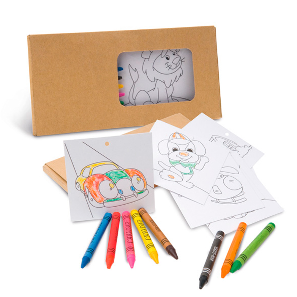 Caja de cartón Kraft con 8 ceras de colores y 8 plantillas para colorear. Un divertido y práctico regalo para dar como detalle a los niños y niñas en cumpleaños, colegios, guarderías o eventos infantiles. Medidas: 18 x 9 cm.