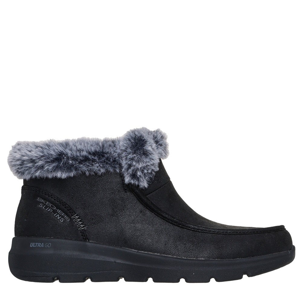 Cómoda  Botín mujer Skechers SLIP-INS GLACIAL ULTRA COZY GETAWAY en tejido negro. Plantilla Memory-Foam Mayor. Sistema Slip-ins, talón Heel Pillow para calzar sin manos Altura Tacón bajo (1-3 cm) Referencia 144221-BBK
