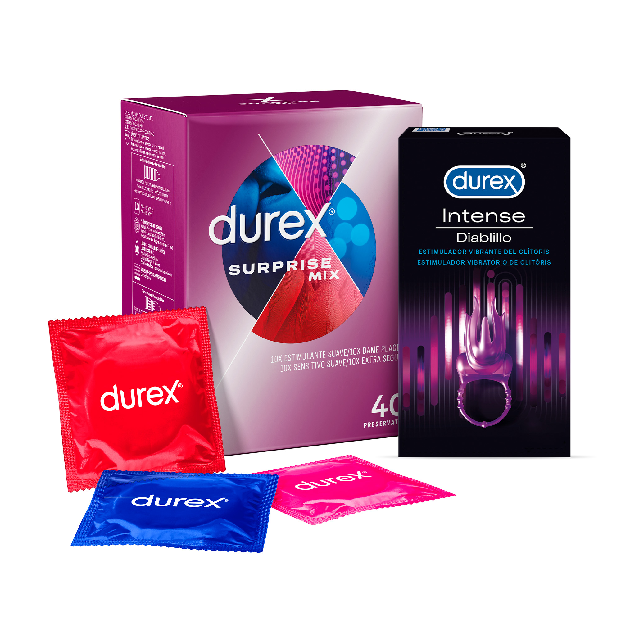 Durex - Surprise Mix 40 Condones Surtidos + Anillo Vibrador Intense Orgasmic Diablillo, Sensitivo Suave, Extra Seguro y Estimulante Suave