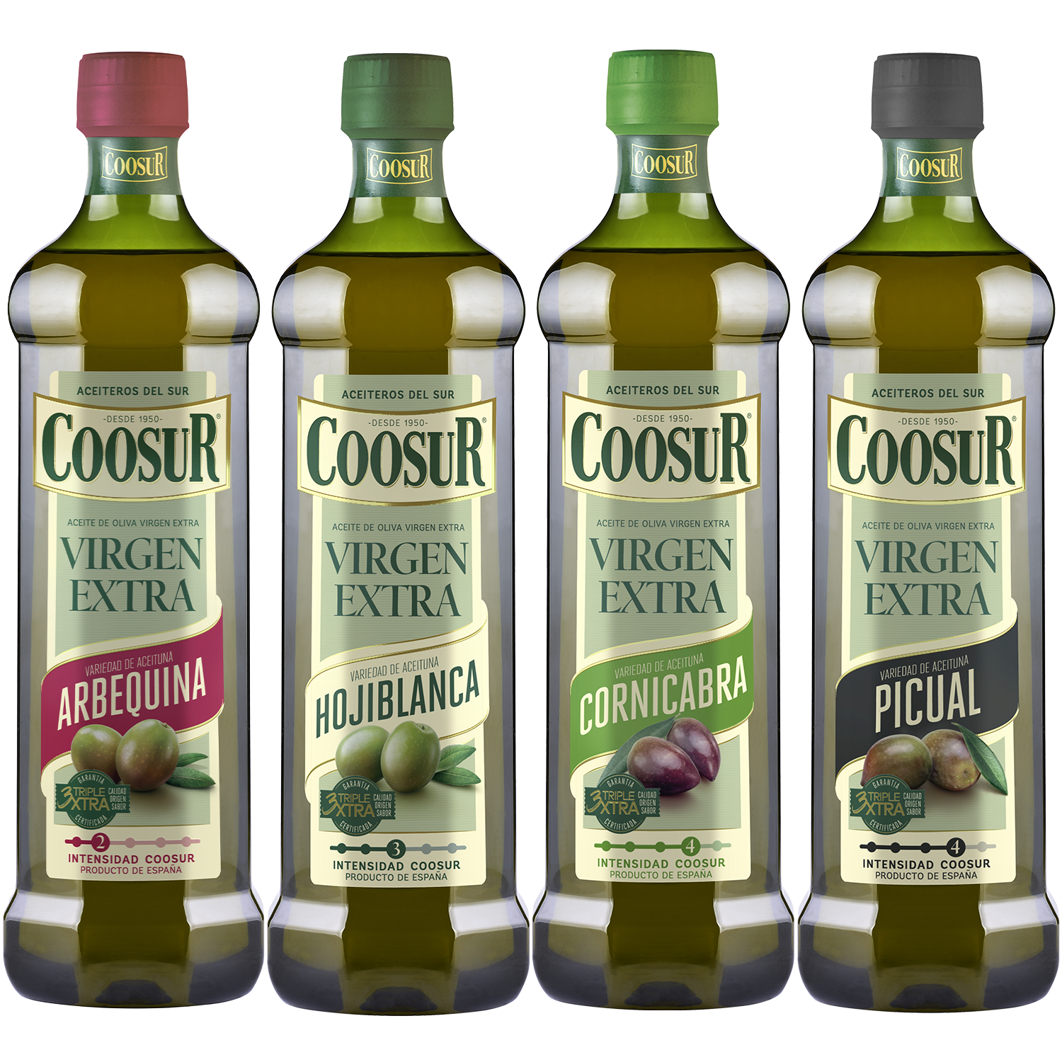 Pack Aceites Oliva Virgen Extra Monovarietales 4 Botellas de 1L Variedad Cornicabra, Picual, Hojiblanca y Arbequina Coosur