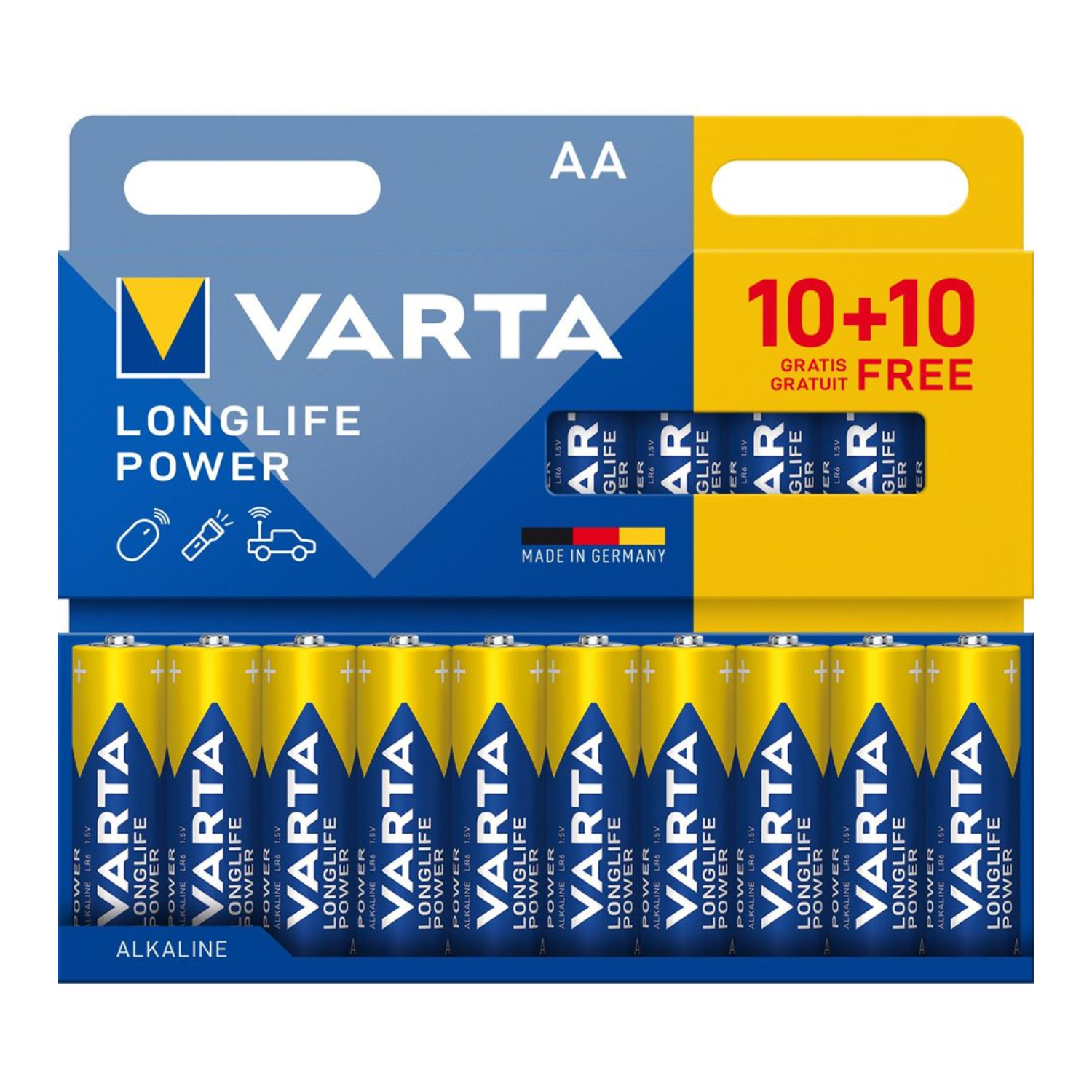 TopRed | Pilas Alcalinas Varta Longlife Power 20 Unidades AA / AAA 1,5V, Alto Rendimiento para Dispositivos de Alto Consumo, Tecnología a Prueba de Fugas, Fabricadas en Alemania