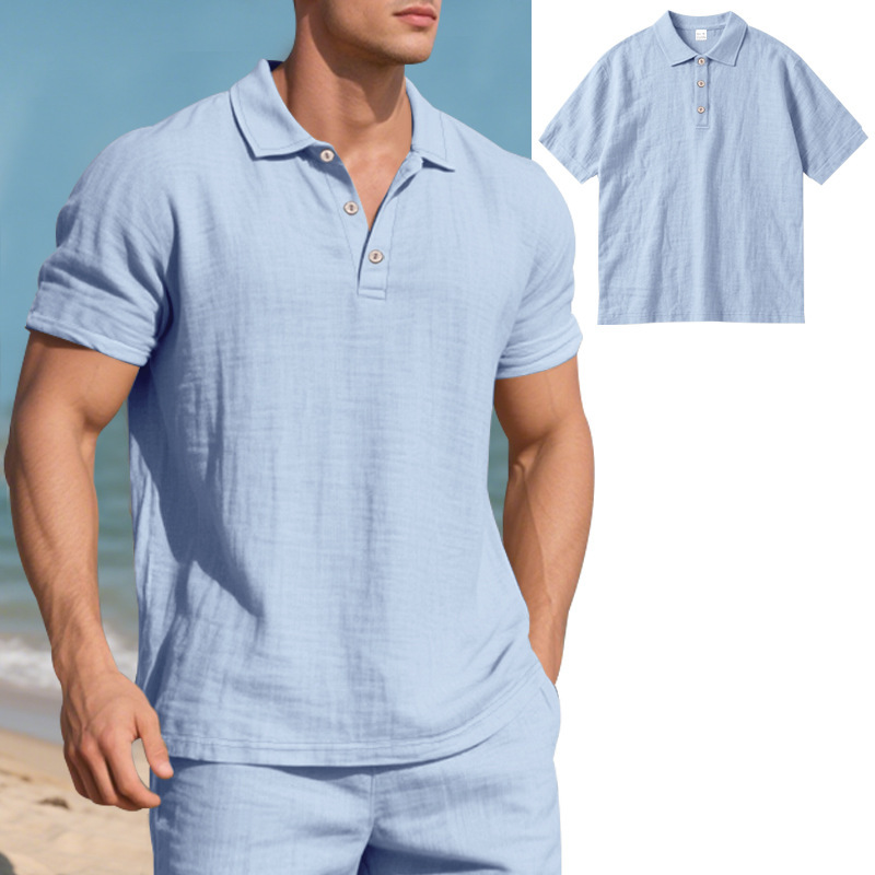 CA Camisa POLO de manga corta con solapa y botones, informal, de lino, transpirable, estilo británico, de verano para hombre
