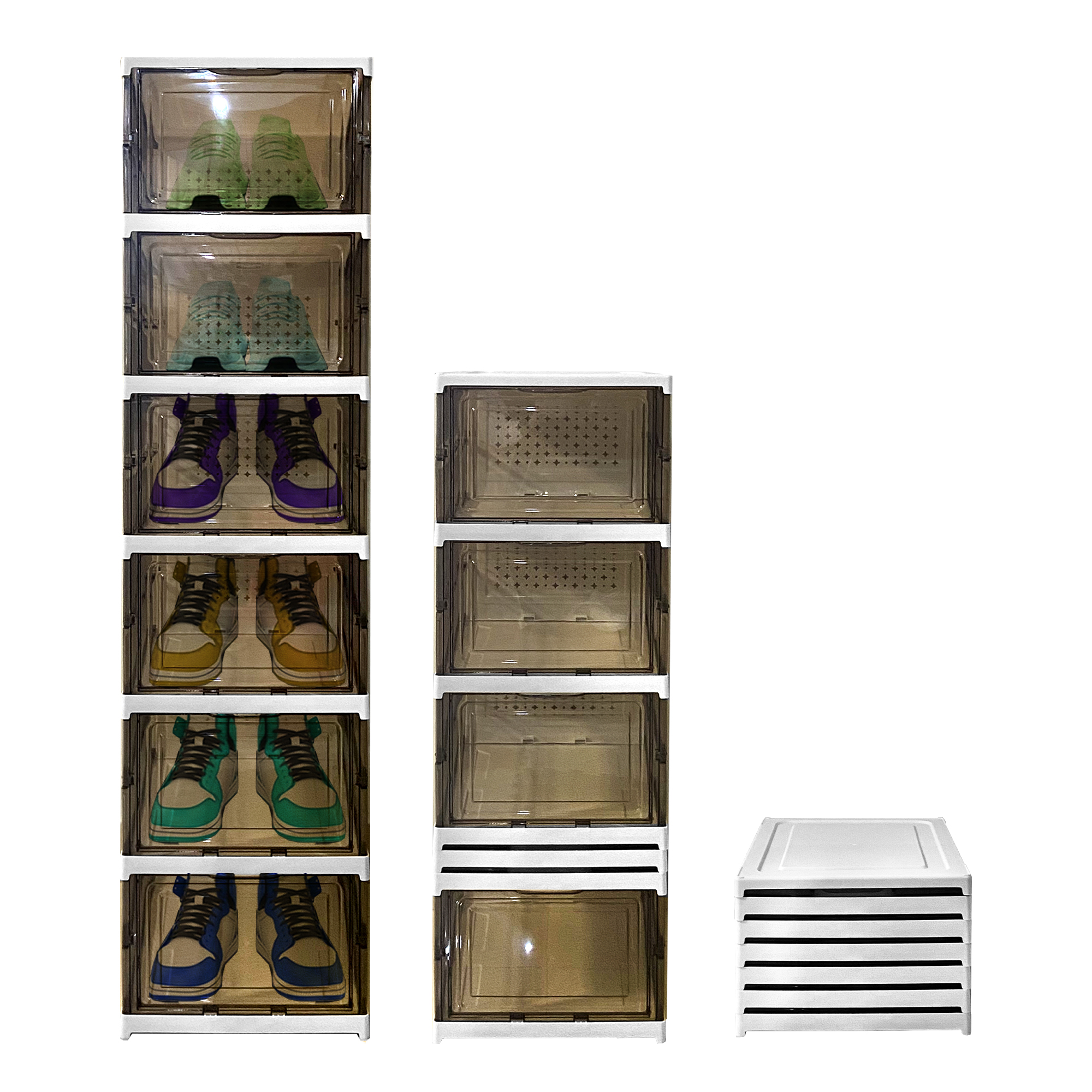 Zapatero Estantería Plegable 6 Niveles | Organizador de Zapatos Transparente, Blanco o Negro | Caja Apilable sin Montaje para Zapatillas, Botas y Tacones | Protege del Polvo y Ahorra Espacio en Recibidor, Dormitorio o Armario