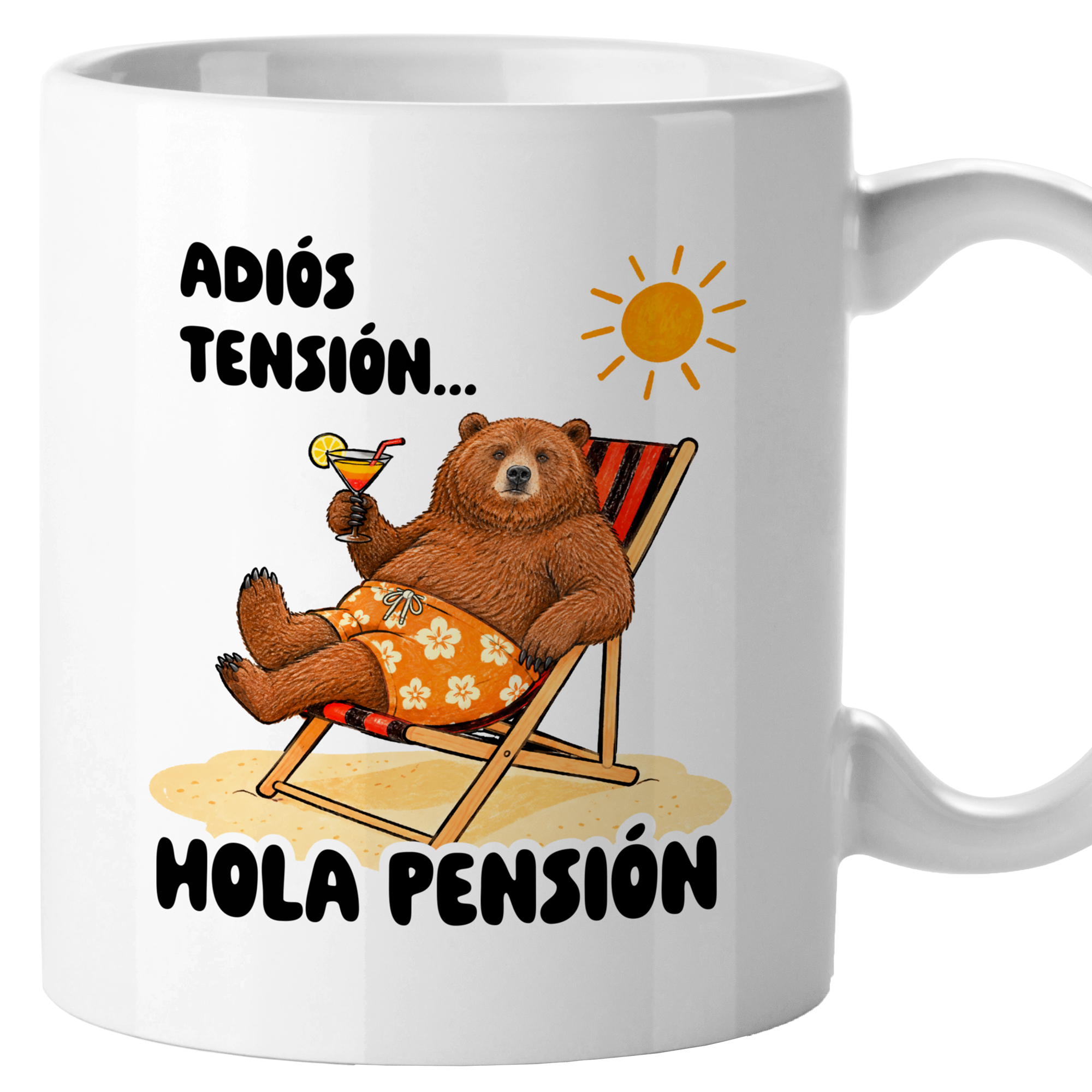 El Kraken - Taza jubilación 'Adiós tensión, hola pensión' de cerámica 330 mL , tazas originales, divertida, mensaje gracioso, humor, jubilado, oso
