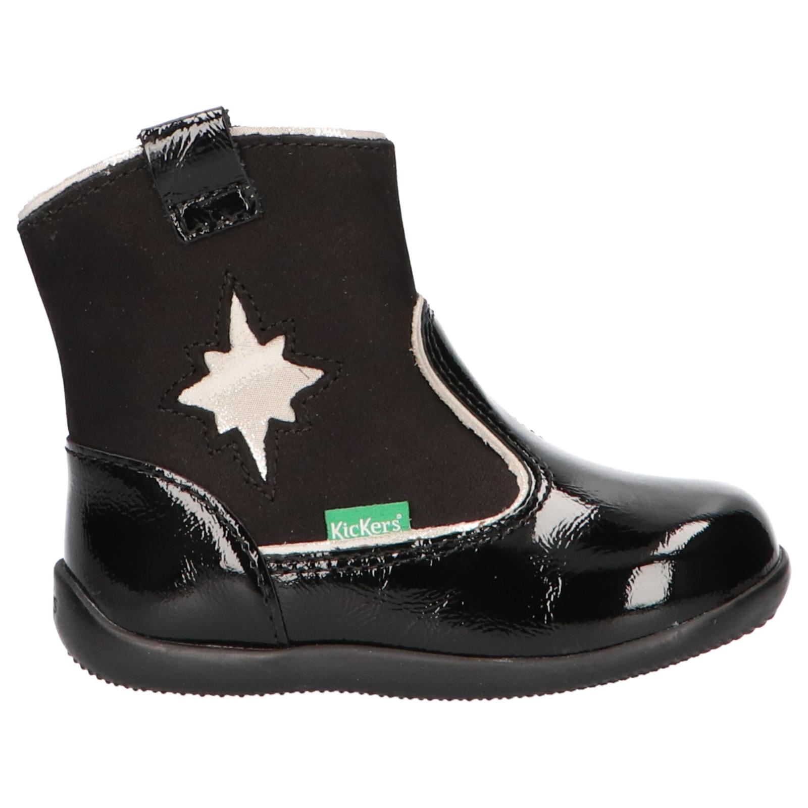 Kickers 735121-10 BIBOOTS 83 NOIR VERNIS children's boots with cushioned insole and non-slip flexible sole, made of imitation leather, perfect for active boys and girls in autumn/winter.