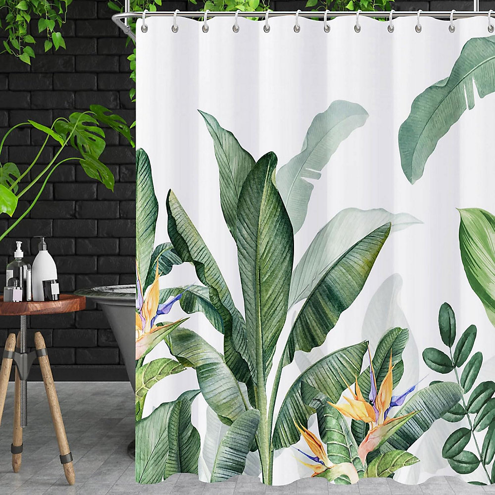 CA Cortina de ducha tropical para baño, diseño de acuarela, color verde salvia, impermeable, 180 x 180 cm