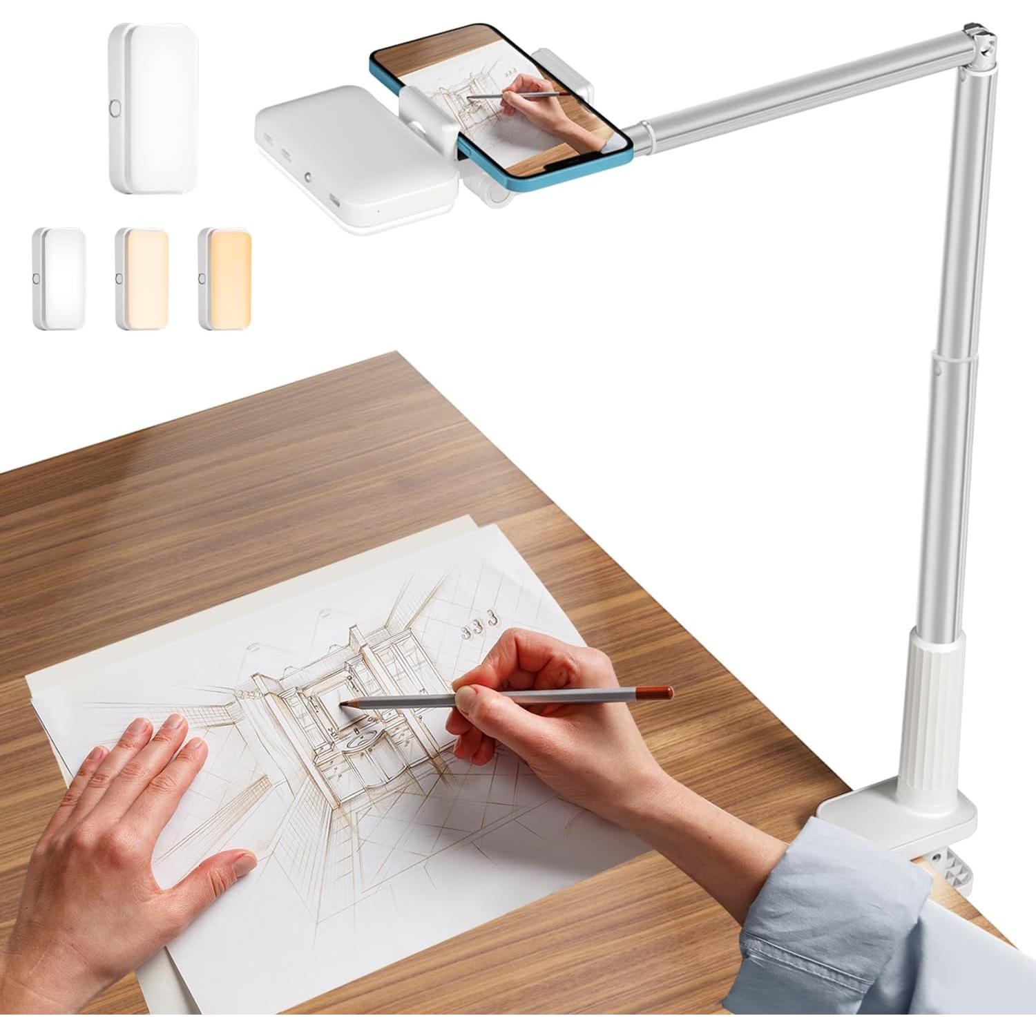 Soporte Teléfono para Grabación de Vídeo, Soporte para Teléfono Celular with Brazo Articulado with Anillo de Luz LED, Trípode de Editor/Mesita de Noche para Youtube/Live Stream (Blanco)