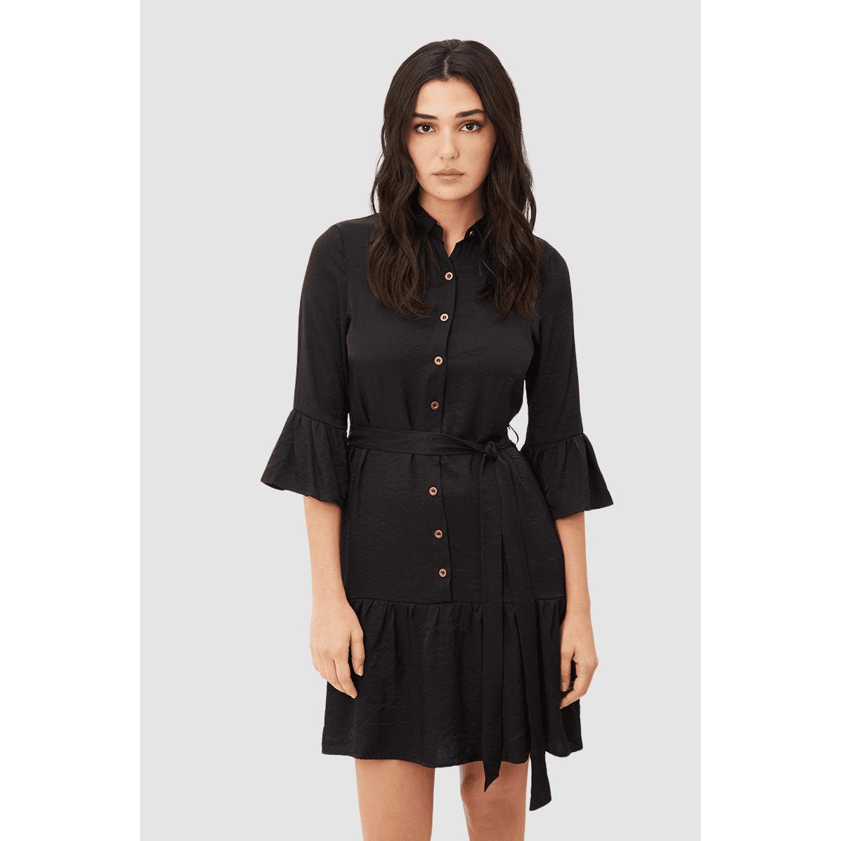 Vestido camisero manga tres cuartos volantes cinturón ajustable