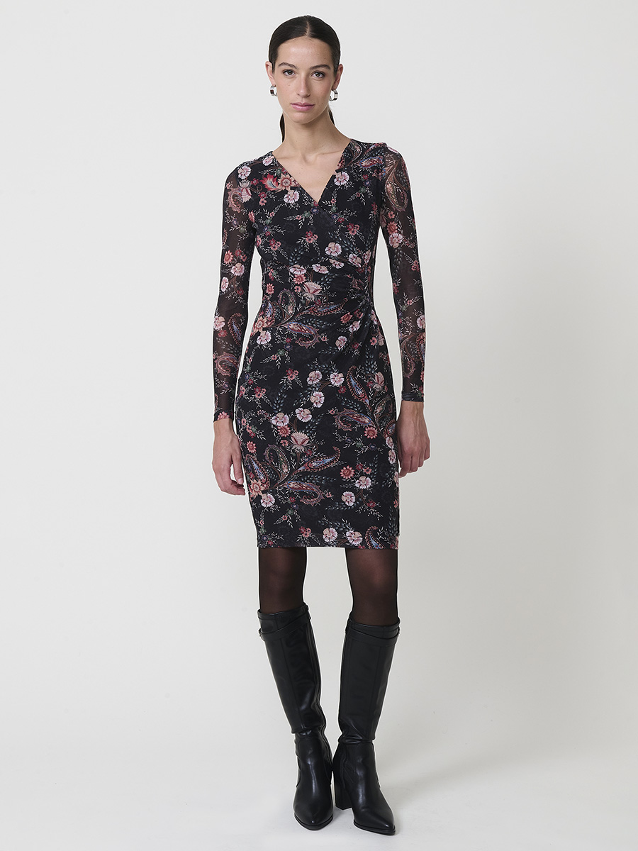 Koroshi - Vestido midi floral de tul elástico con escote cruzado y fruncido frontal para eventos de día, forro interior completo, multicolor