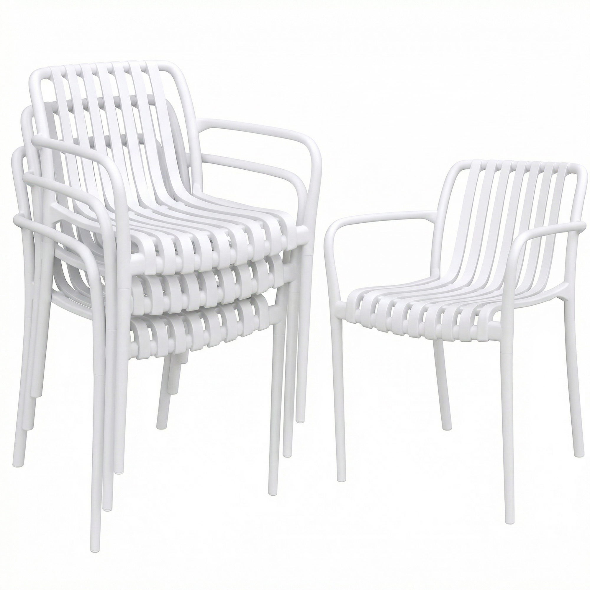 Outsunny Juego de 4 Sillas de Jardín Exterior Apilables, Sillas Terraza Exterior de PP con Respaldo Curvado, Asiento de Listones, Reposabrazos, 55x58,5x81,5 cm