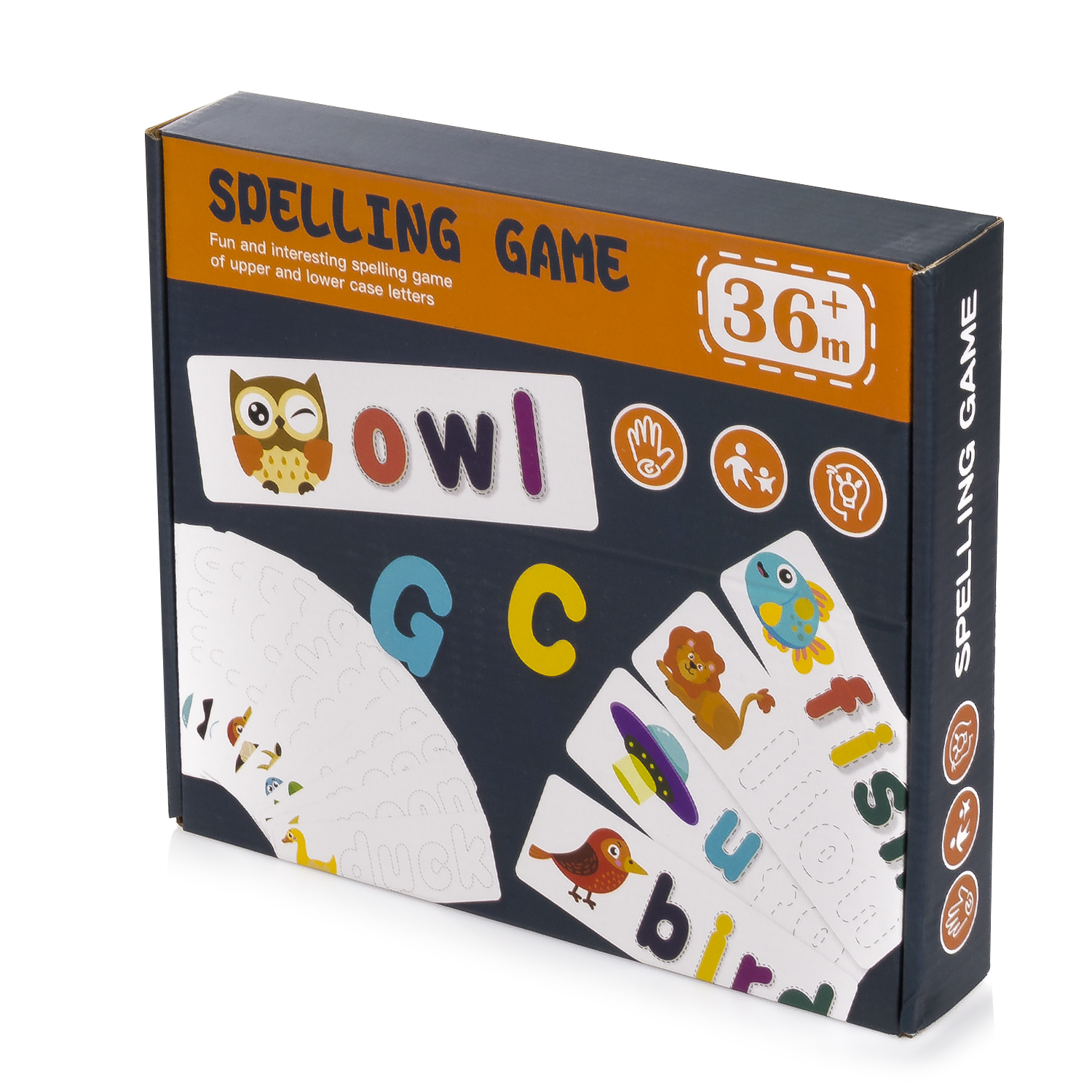 DAM. Juego de deletreo avanzado en inglés con fichas de animalitos, frutas y objetos. Letras de madera. Incluye pizarra blanca y rotulador con borrador. 25,5x4x21cm