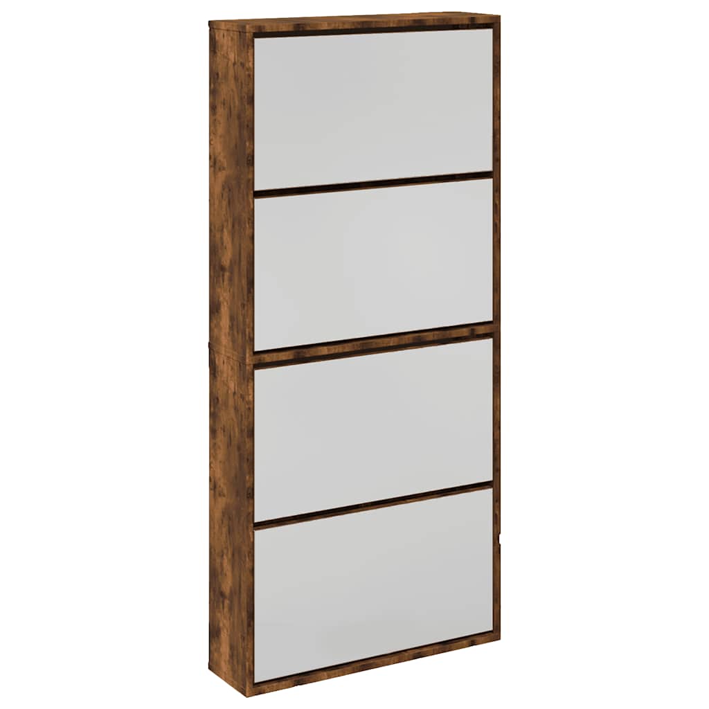 vidaXL Mueble Zapatero 4 Cajones con Espejo Organizador 63x17x134 cm Color Blanco,  Roble,  Blanco brillante