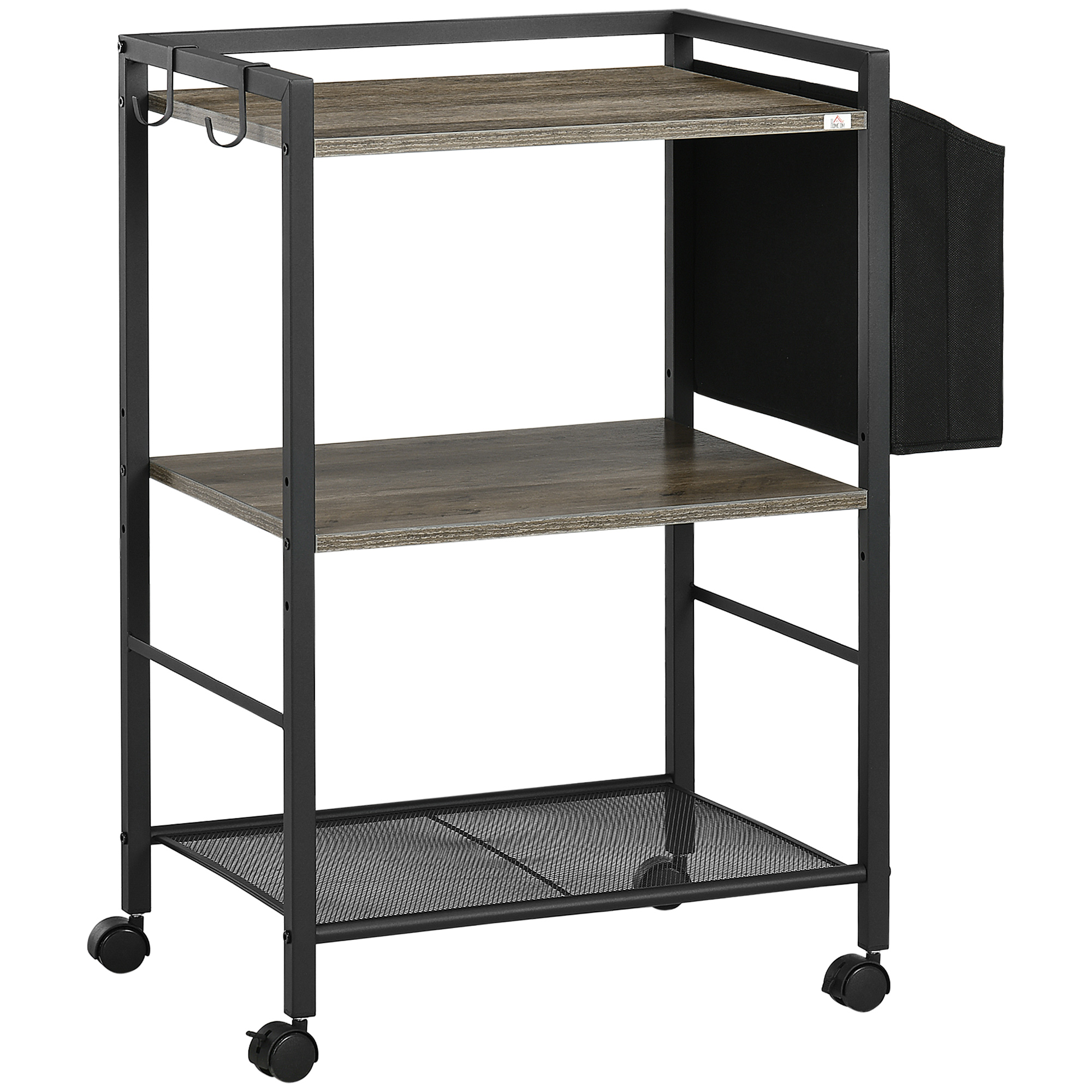 HOMCOM Carrito Auxiliar con Ruedas Carrito de Almacenamiento de 3 Niveles con Bolsa de Tela 2 Ganchos y Marco de Acero para Salón Cocina Comedor 66x40x80,5 cm Gris