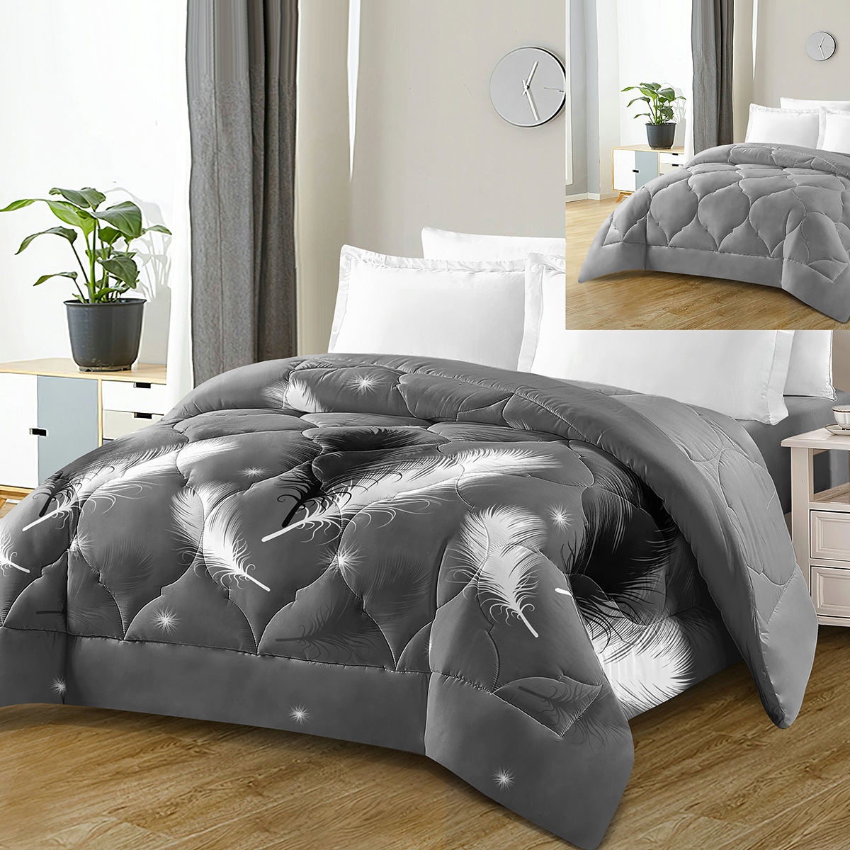 Edredón reversible 2 en 1 de microfibra poliéster, diseño floral y liso, acolchado ultrasonico para cama