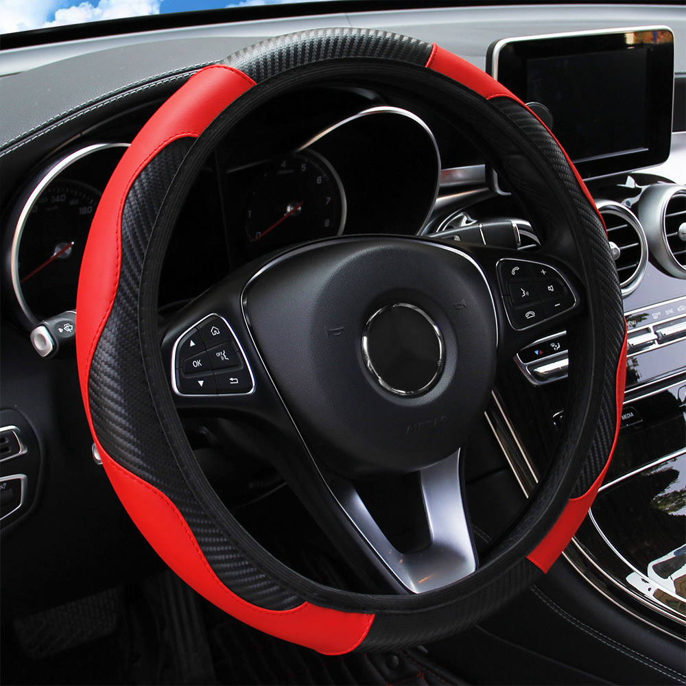 Cubierta De Volante De Coche En Cuero PU Transpirable Antideslizante Adecuada Para 37-38.5cm Decoración Automotriz Fibra De Carbono