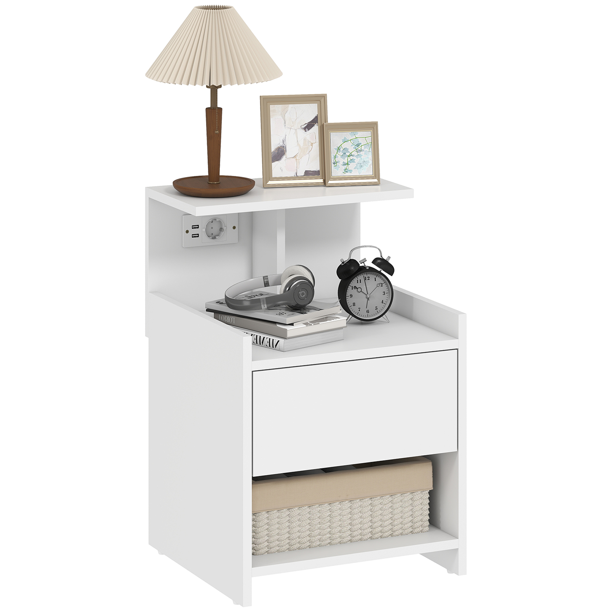 HOMCOM Mesita de Noche con Estación de Carga, Mesilla de Noche Dormitorio con Puertos USB, Cajón y Estantes Abiertos, para Salón, Estudio, 40x40x60 cm, Blanco