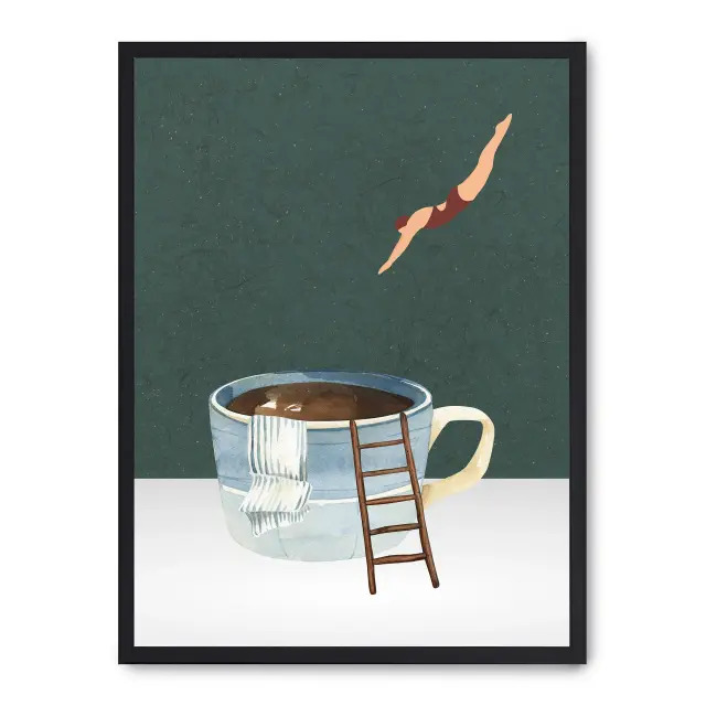 Lámina con marco negro JUMP TO THE COFFEE 21x30 cm, Póster impreso en papel de primera calidad de 180gr, montado sobre marco de madera MDF acabado en negro., Cocina - Bebidas