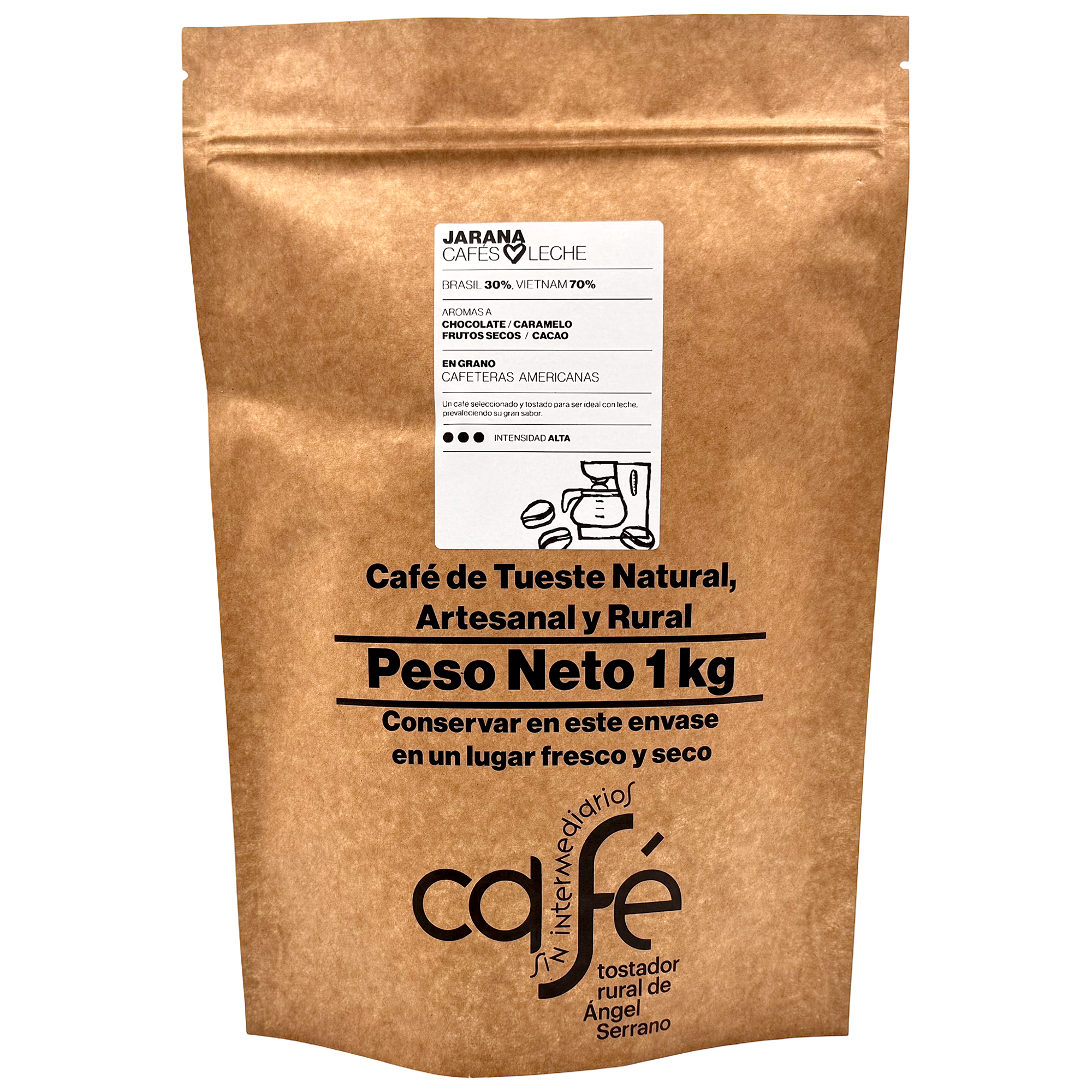 CAFÉ SIN INTERMEDIARIOS - Café de Vietnam y Brasil - Jarana - Ideal para combinar con leche - Intensidad de sabor Alta - Recién tostado y envasado - 1 Kg Grano o Molido (Exprés, Filtro, Italiana, Americana, Superautomática)