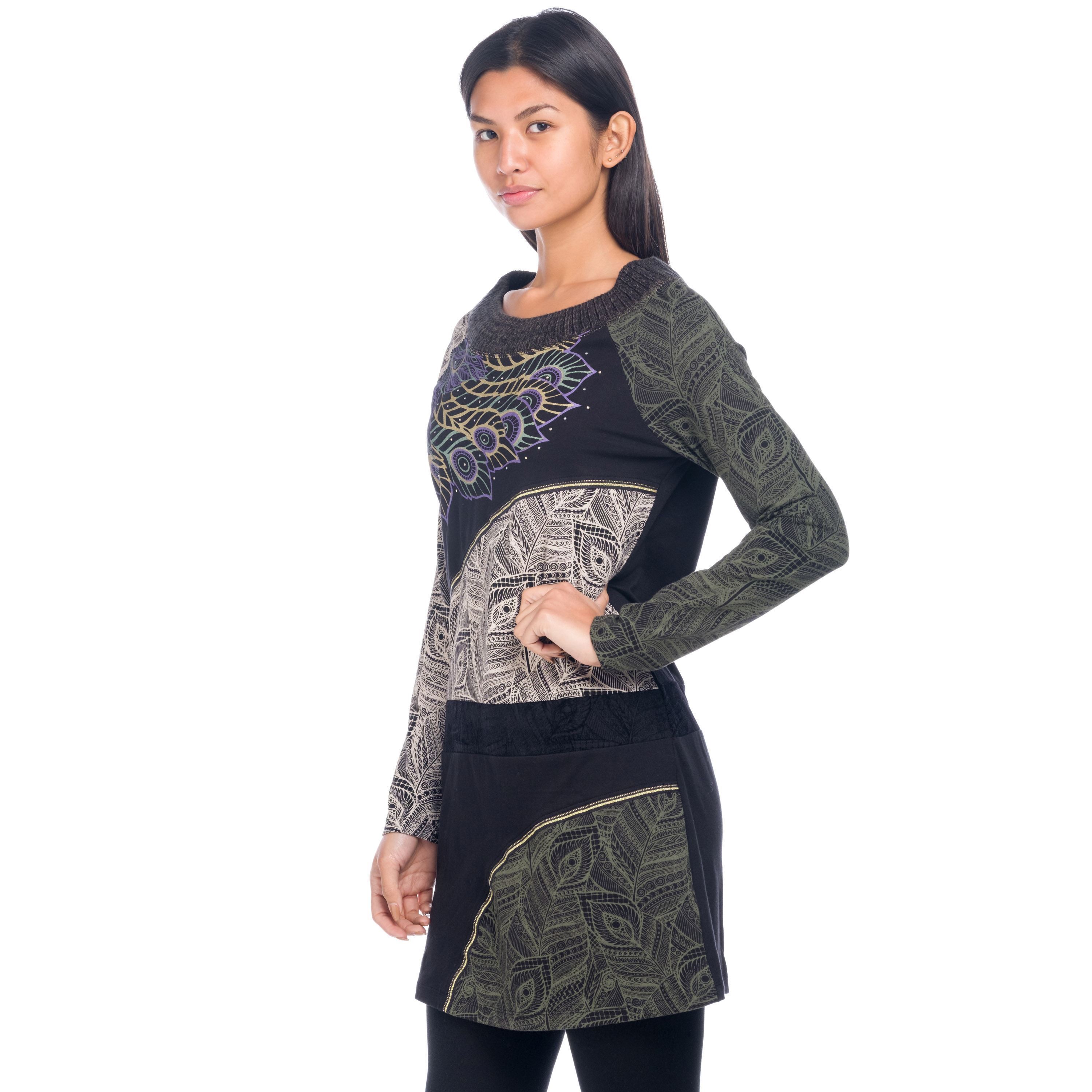 Koroshi - Vestido corto estampado boho para mujer con corte en cadera y escote redondo de 100% algodón en kaki o azul aqua
