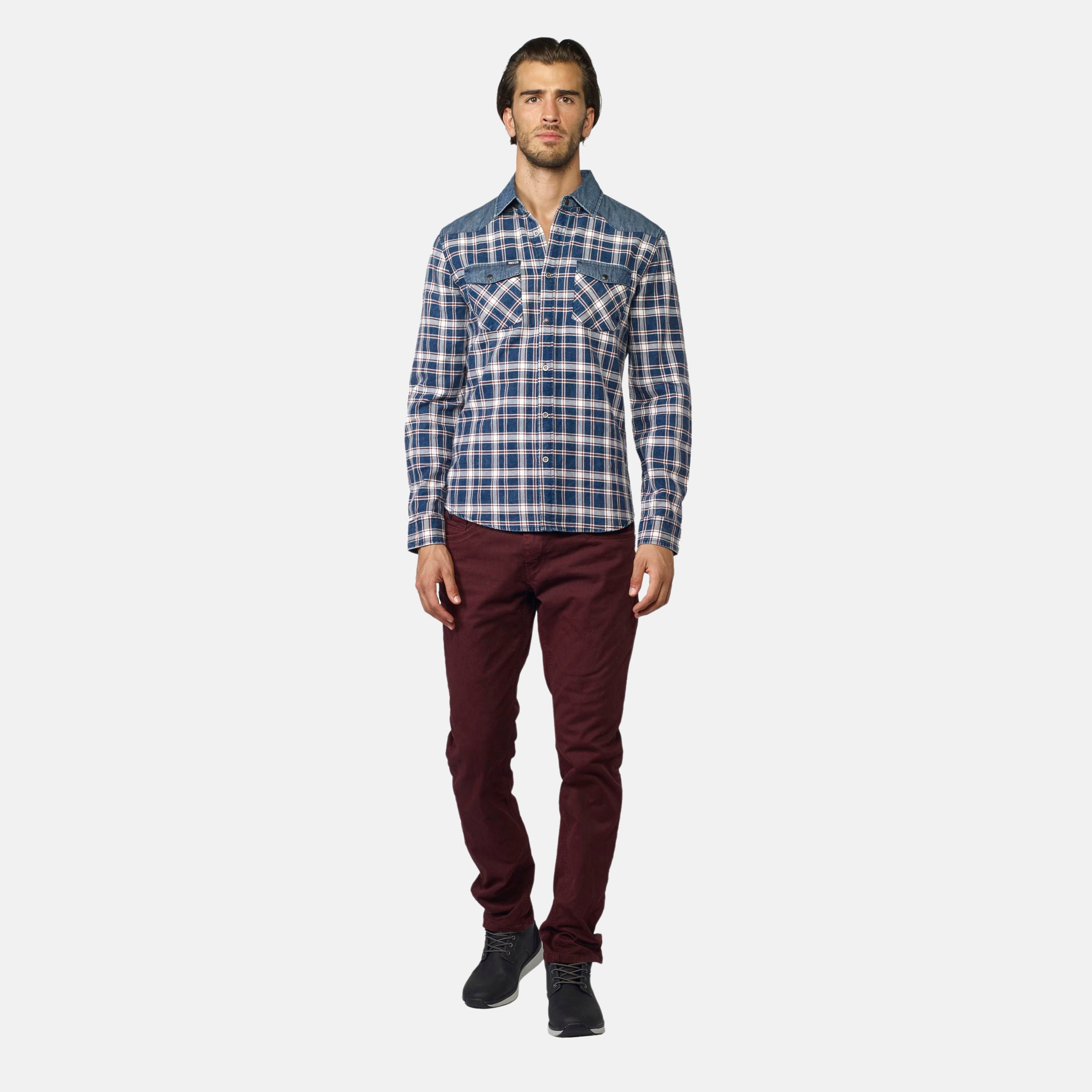Koroshi - Camisa manga larga de cuadros navy con detalles denim y canesú, 100% algodón para look workwear urbano