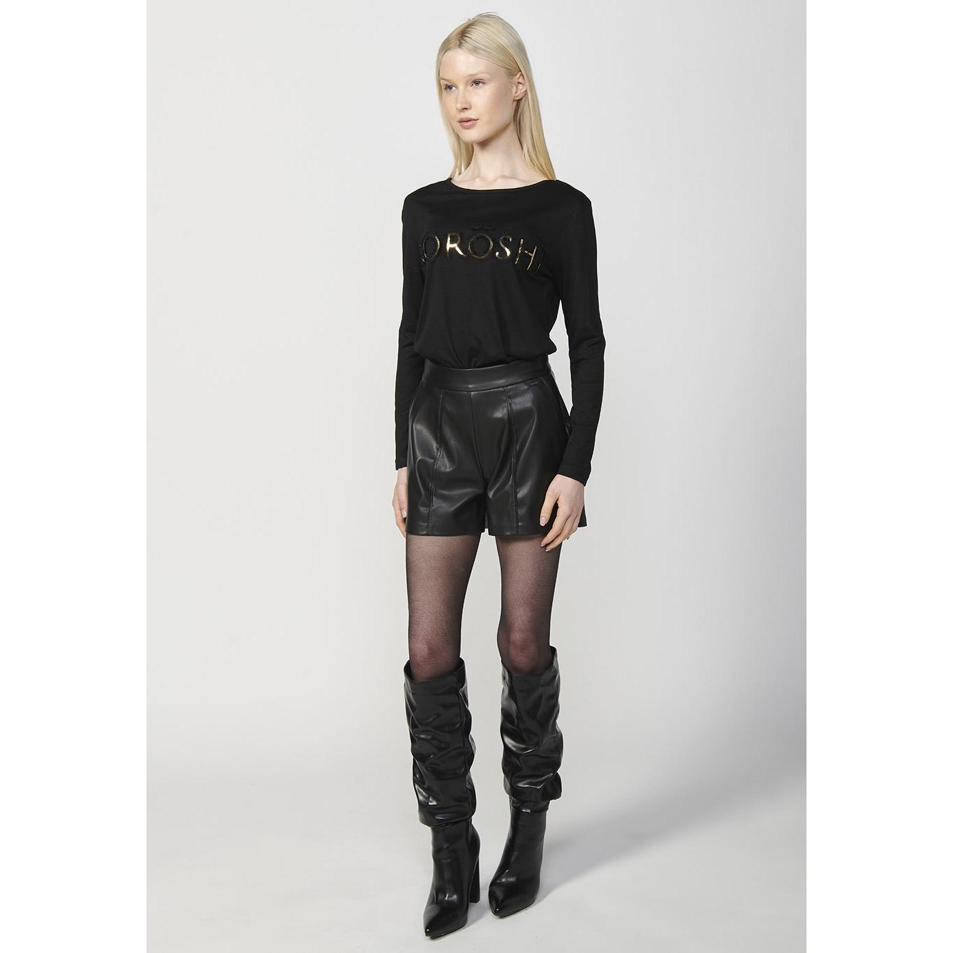 Koroshi - Camiseta mujer con estampado de letras brillantes en negro, tejido suave de poliéster y viscosa para look urbano elegante