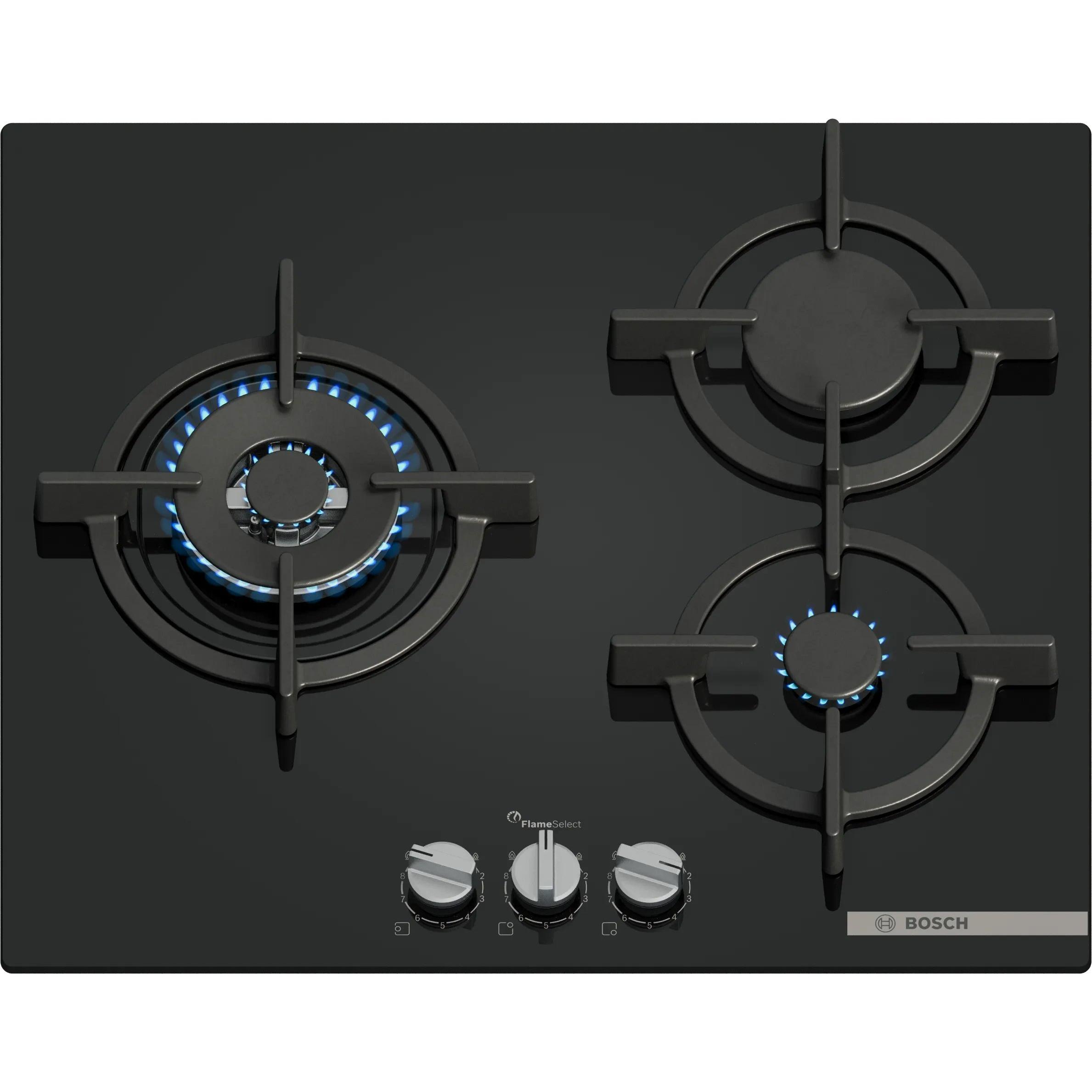 Placa a Gas 60cm BOSCH PPC6A6I10  | 3 Zonas, Natural, Negro, Superficie Cristal, Fuego 0cm, Serie 6, 8000W