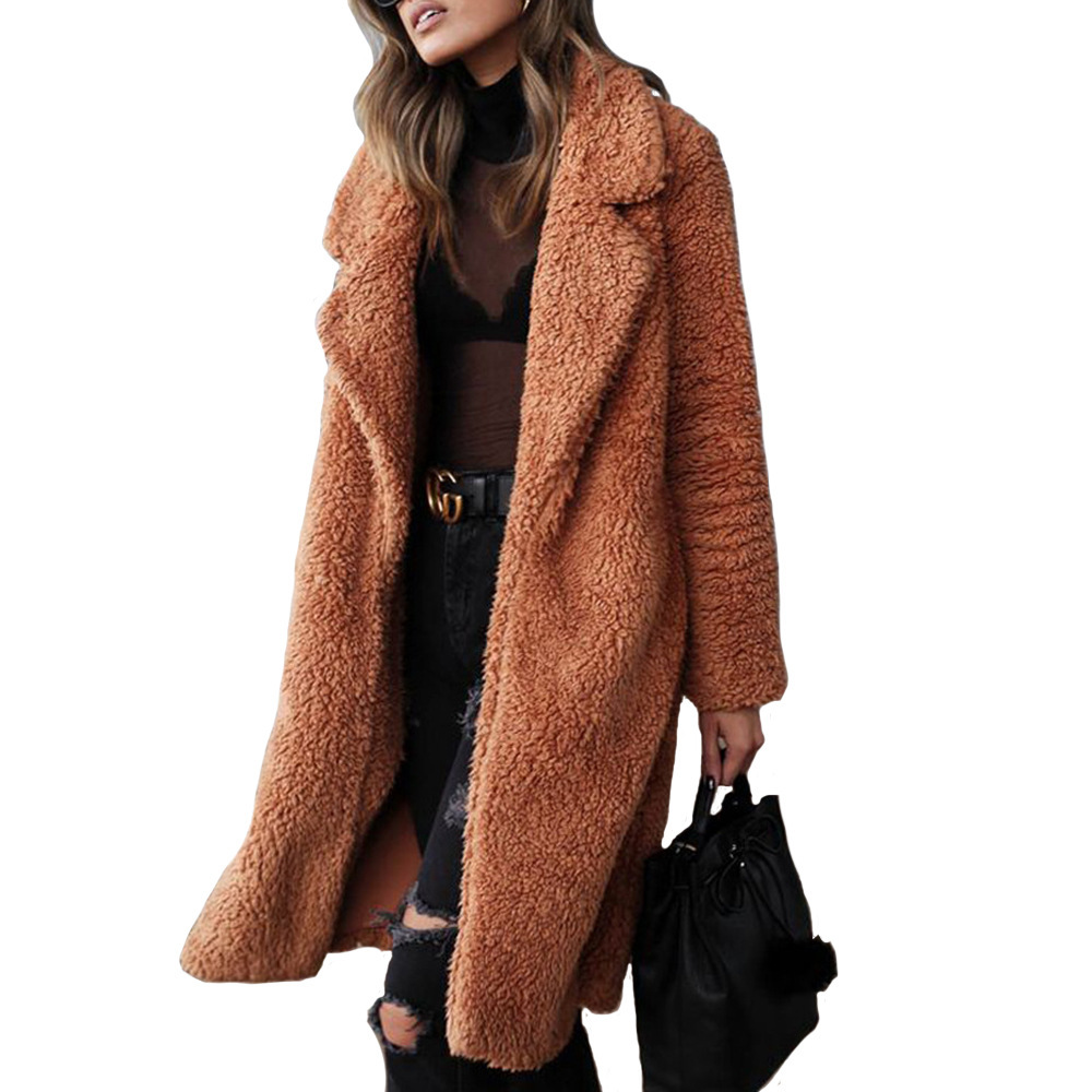 Abrigo largo y acolchado para mujer con solapa y diseño abierto; cálido abrigo de invierno de piel sintética