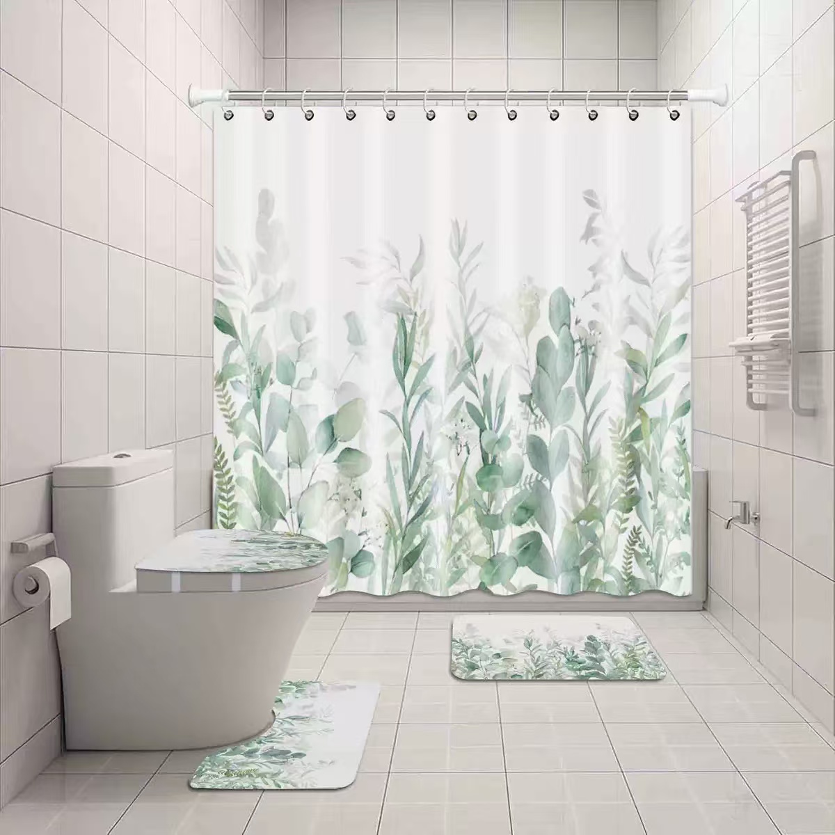 Juego de 4 piezas para baño con cortina impermeable 180×180 cm, alfombra 75×45 cm, alfombrilla inodoro 45×39 cm y funda tapa 38×42 cm, materiales suaves y de secado rápido