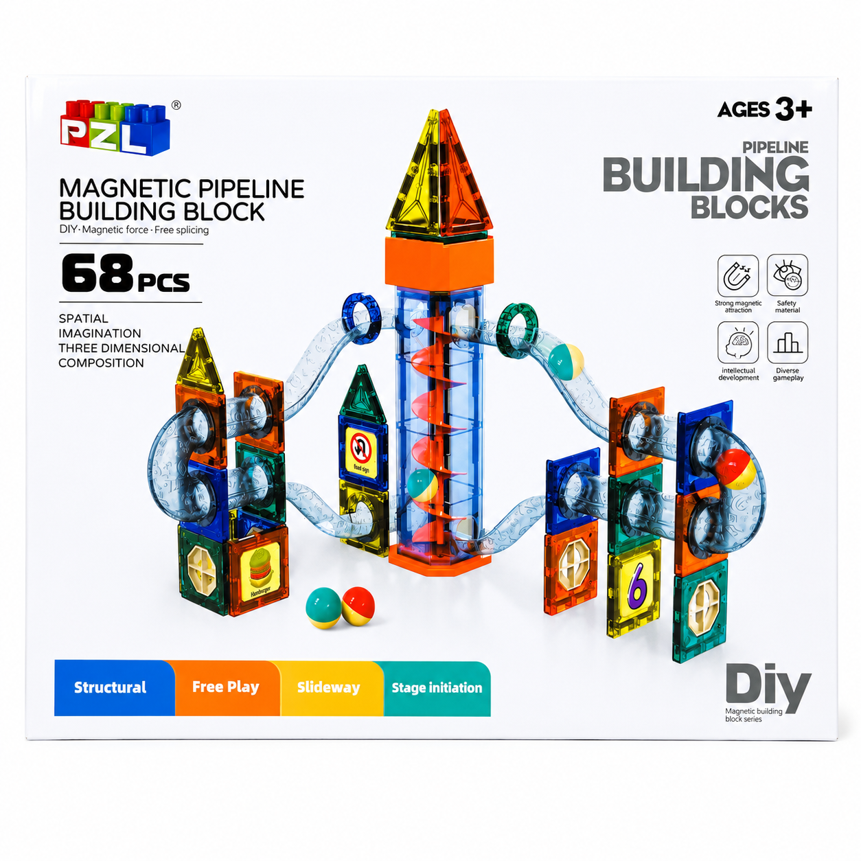 Bloques Magnéticos con Circuito de Bolas, Set de Construcción Pipeline 68 Piezas STEM para Niños (3+)，PapaNoel Toys