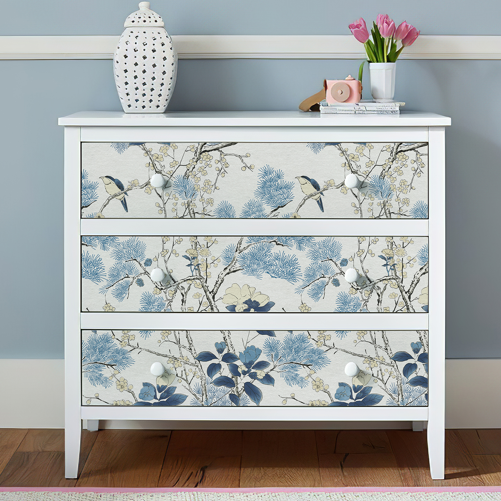 TK Papel Tapiz Azul Fresco Estilo Chino Pegatina Y Despega Floral Celadón Vinilo Impermeable Para Armarios Adhesivo Self Adhesive