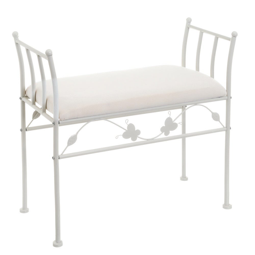 Banqueta para pie de cama de metal blanco y asiento de algodón beige Taburete para dormitorio o vestidor de 68cm de largo y 30cm de ancho. Altura asiento 46cm. Altura total 64cm CasaSelección