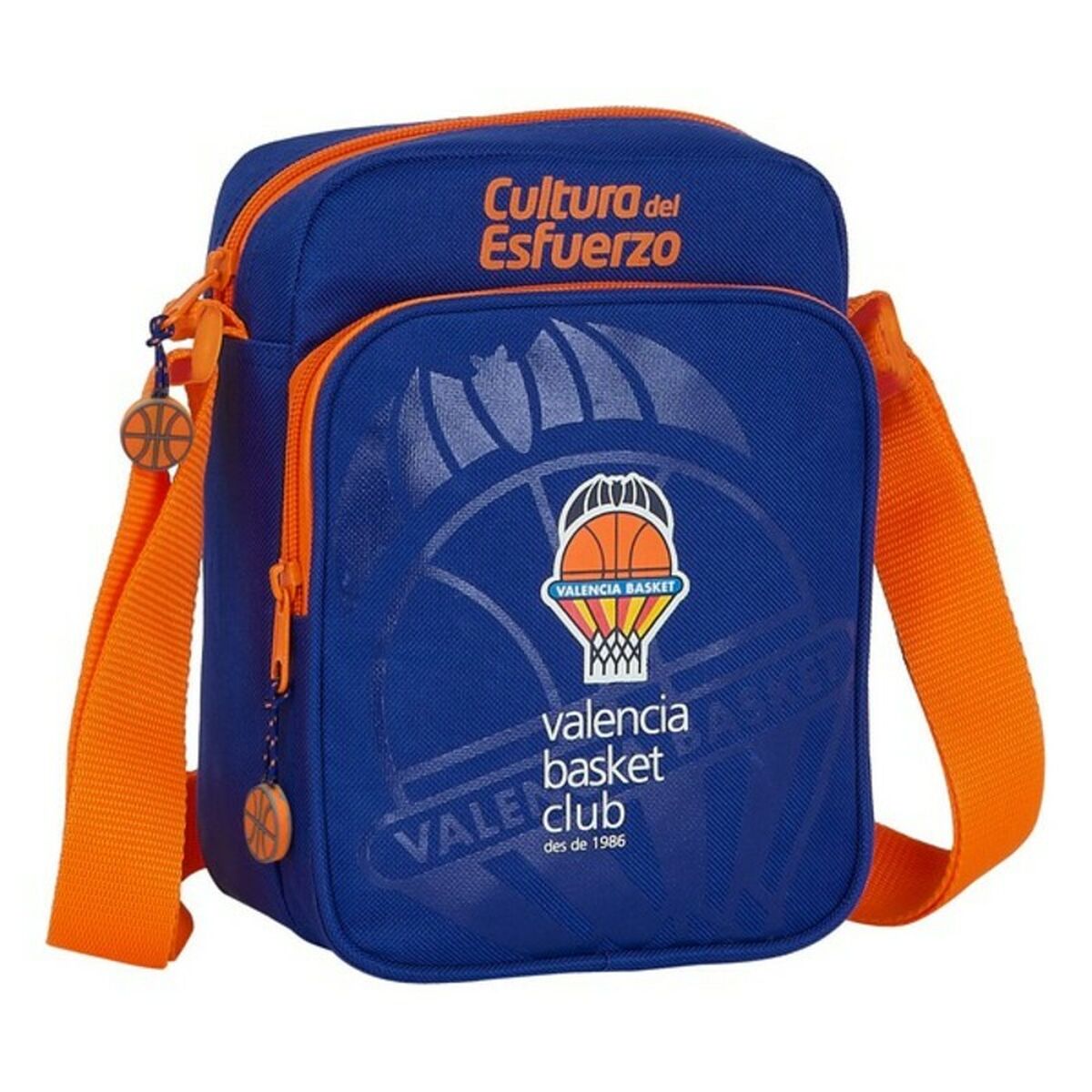 Valencia Basket - Bandolera M672 de poliéster con diseño deportivo, cinta ajustable y cremallera, color azul y naranja para mujer