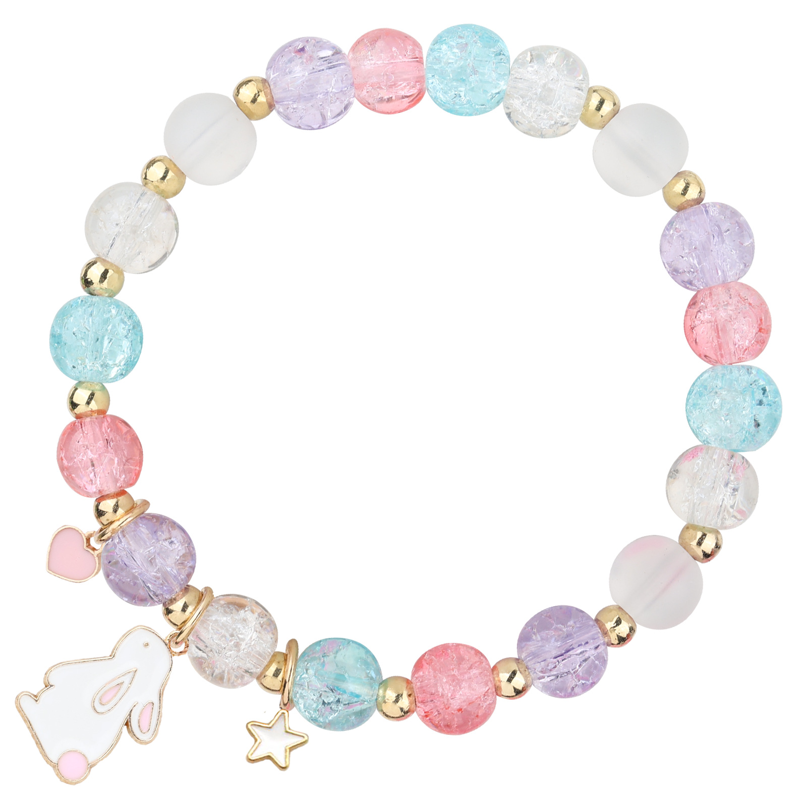 Pulsera de Cuentas Agrietadas en Púrpura y Rosa - Regalo de Pascua para Adolescentes con Detalles de Conejo y Cuentas Doradas