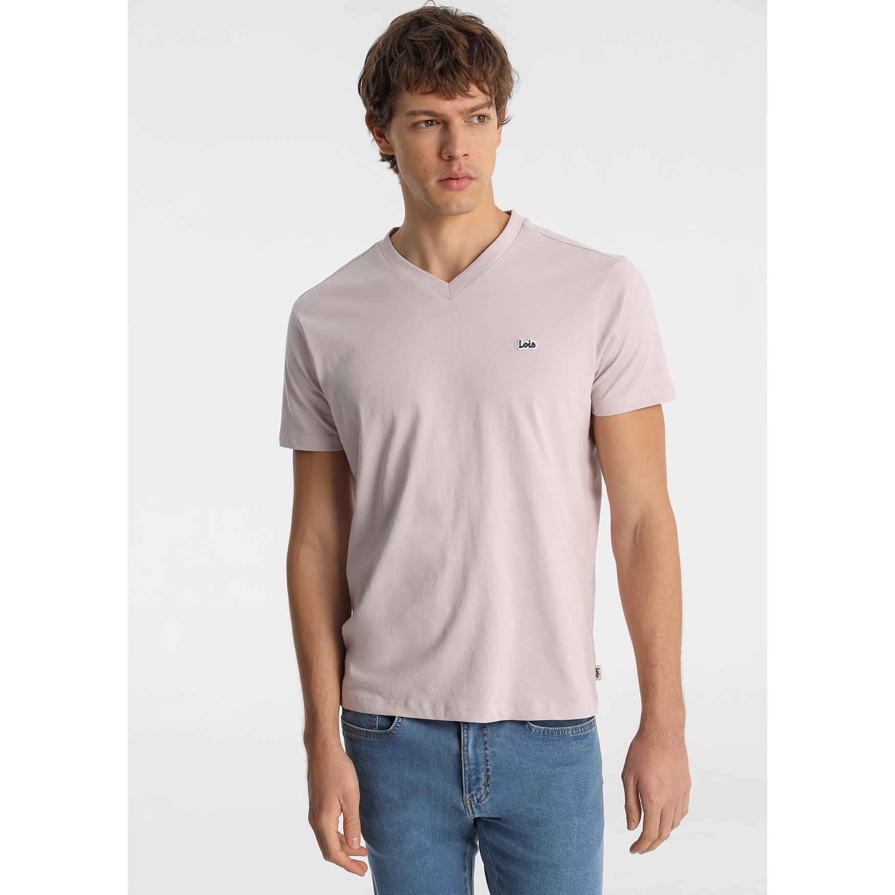 LOIS JEANS - Camiseta de Algodón con Parche Central Logo Rosa Pastel