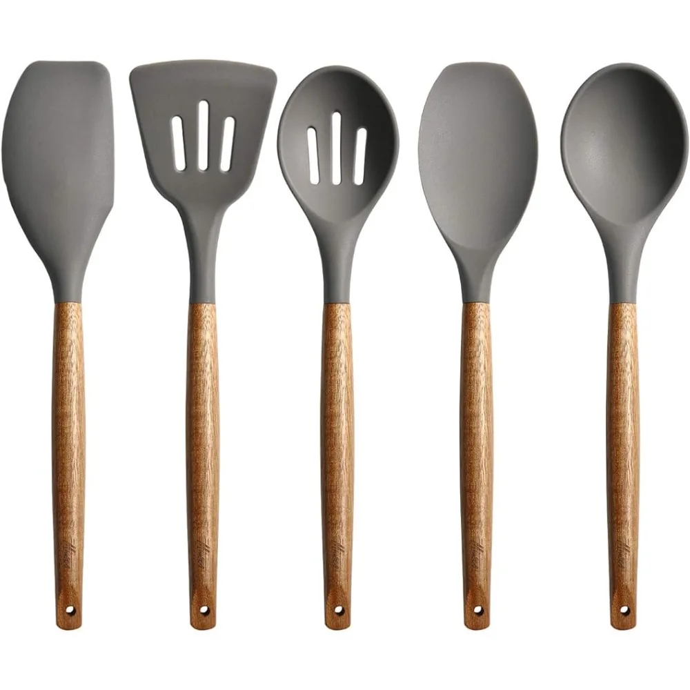 CA Juego de utensilios de cocina de silicona antiadherente, con mango de Madera de Acacia natural, 5 Unidades
