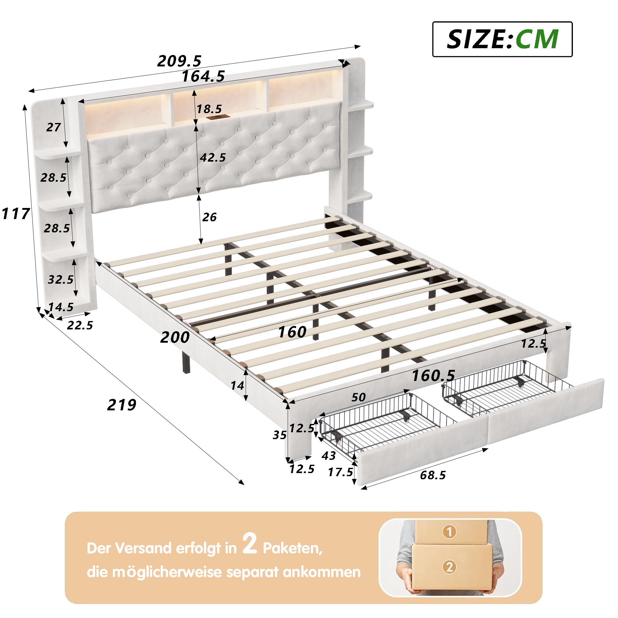 Superaly White Upholstered Double Bed 160 x 200 cm with 2 Drawers, Bed Box and Slatted Frame, Storage Compartment Headboard with LED and USB Charging Station, Storage Bed Frame