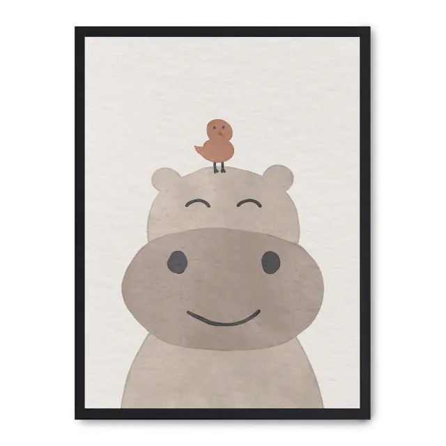 Lámina con marco negro HIPPOPOTAMO AND BIRD 21x30 cm, Póster impreso en papel de primera calidad de 180gr, montado sobre marco de madera MDF acabado en negro., Infantil - Bebé