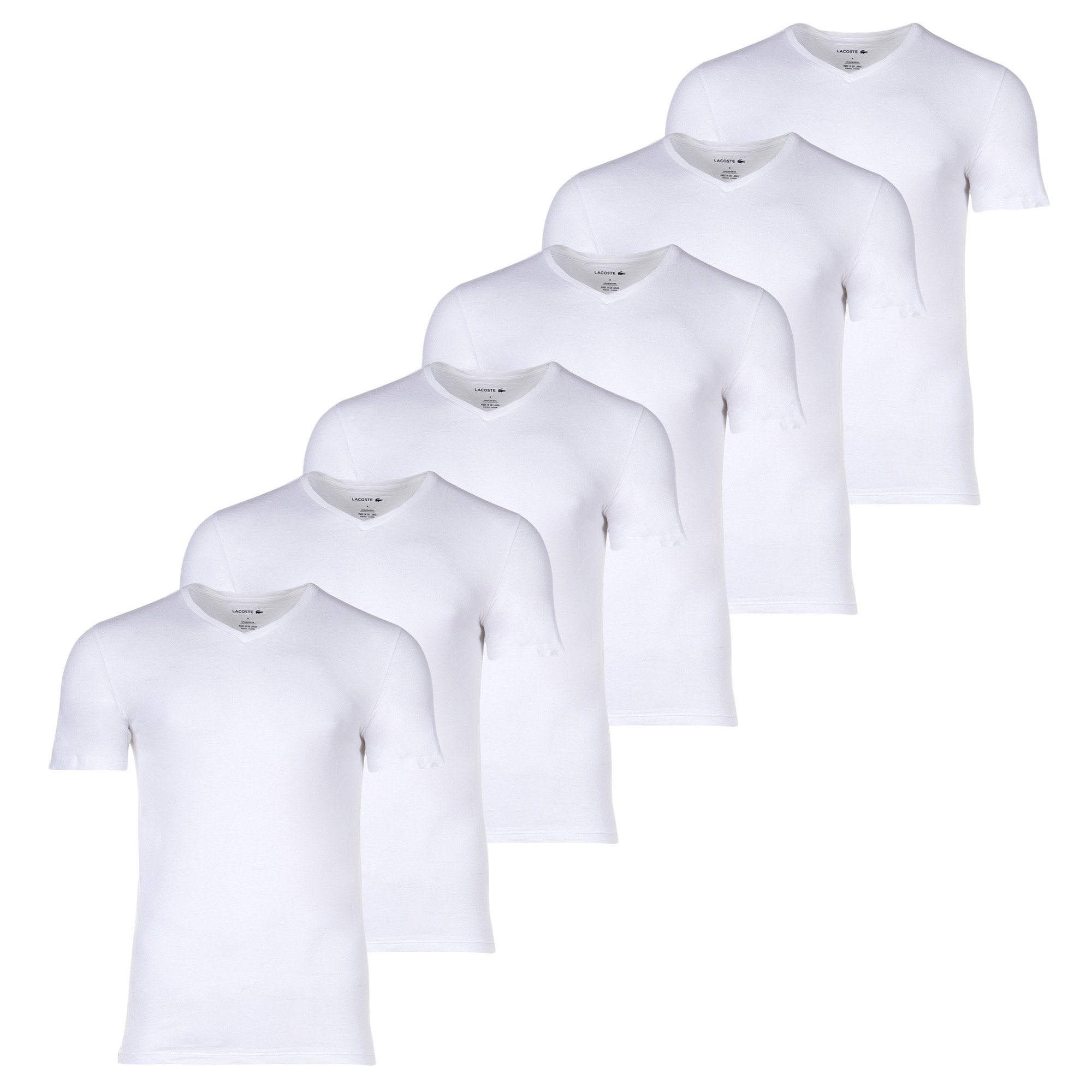 LACOSTE Lote de 6 camisetas de hombre - Essentials, cuello de pico, corte entallado, algodón, color liso.