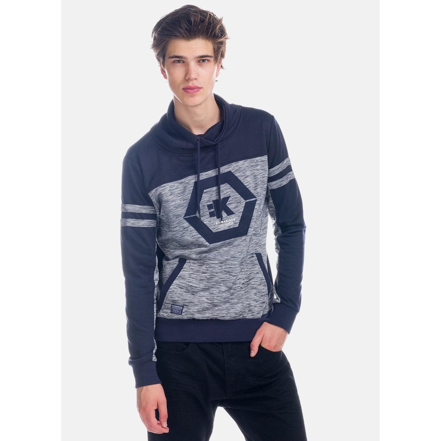 Koroshi - Sudadera hombre cuello chimenea cruzado con cordones ajustables, tejido combinado jaspeado y liso, gráfico hexagonal en pecho, bolsillo canguro ribeteado, 60% algodón 40% poliéster