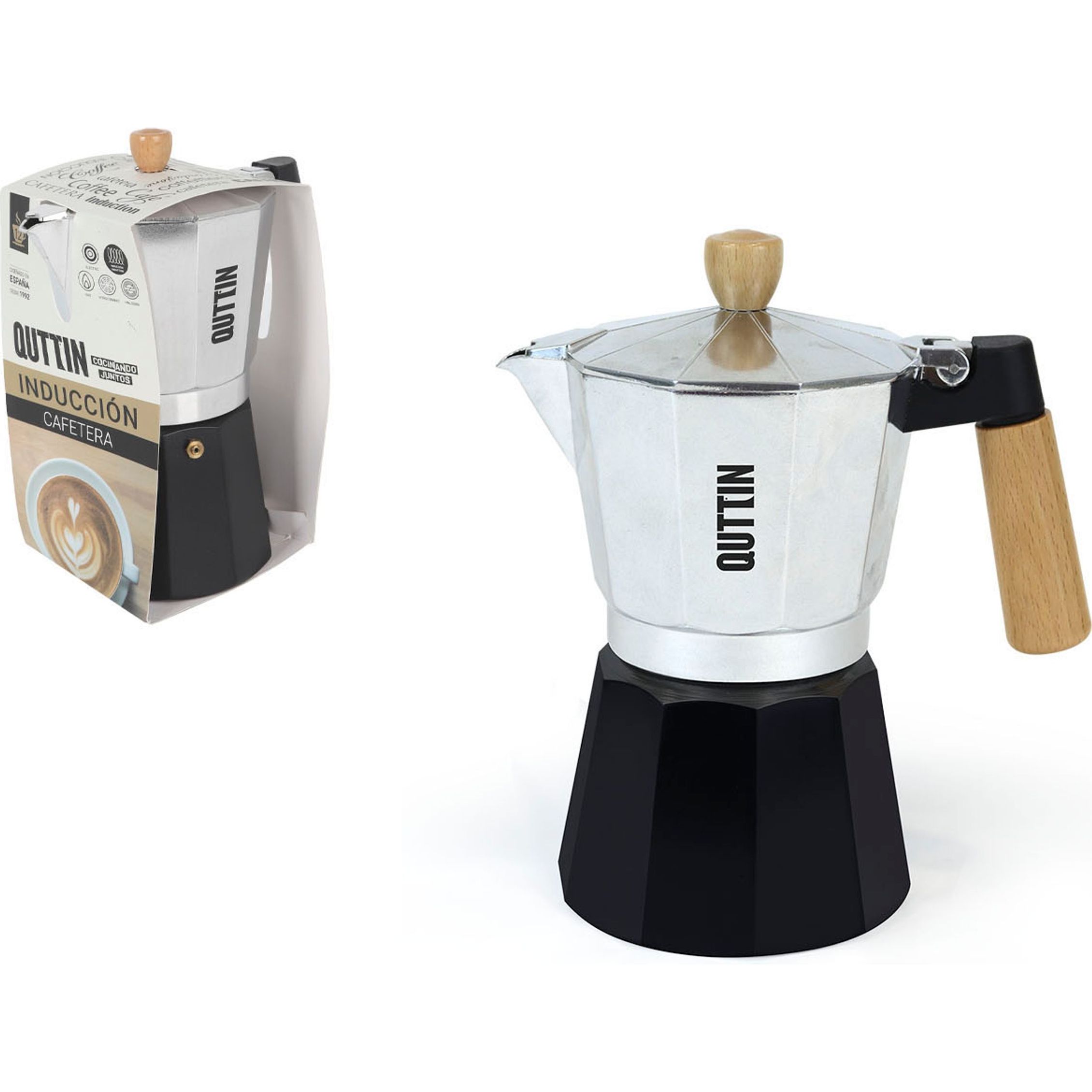 QUTTIN - Cafetera Italiana Aluminio 12 Servicios Inducción Mango Madera - Diseño Clásico y Elegante, Duradera y Auténtica | Amystyle