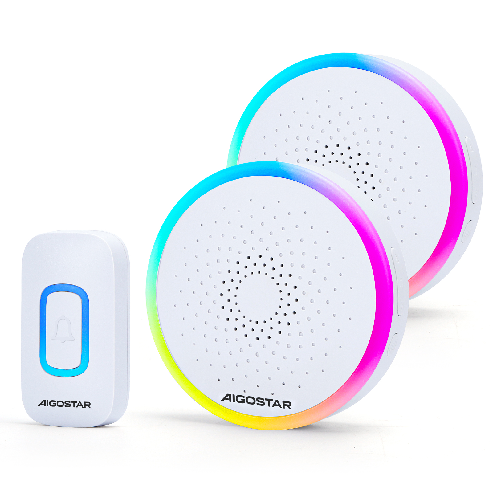 Aigostar Timbre Inalámbrico RGB, Timbre Inalámbrico Exterior Impermeable Sin Pilas, IP55, 5 Niveles De Volumen (0-120dB) Y 60 Melodías,2 Receptor Y 1 Transmisor